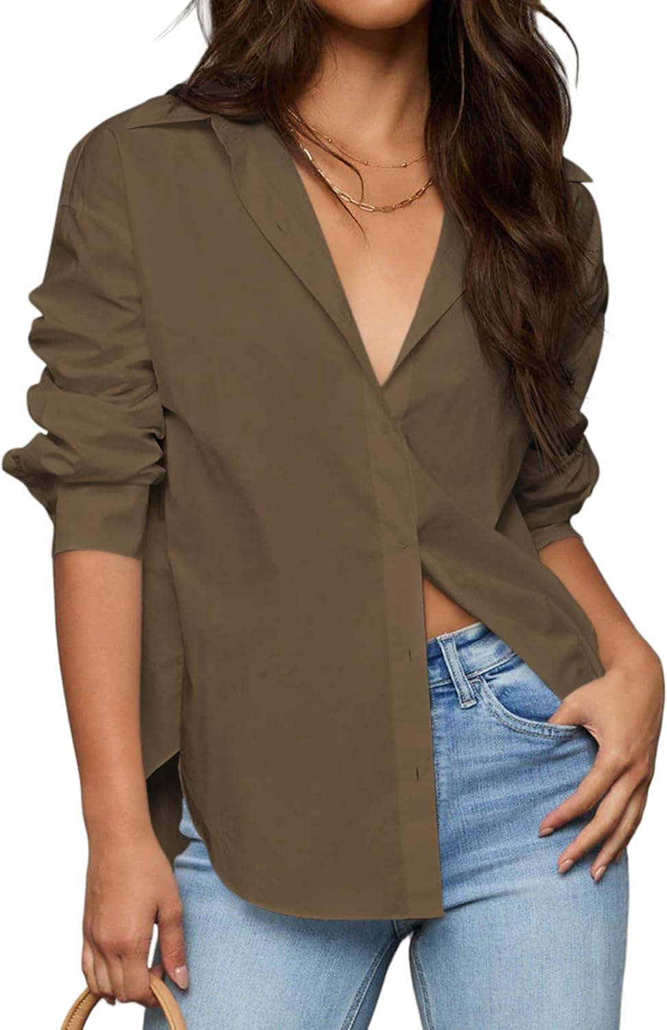 Diosun Women’s Cotton Button Down Shirts V Neck Casual Long Sleeve Stylish Business Solid Color Blouses Tops