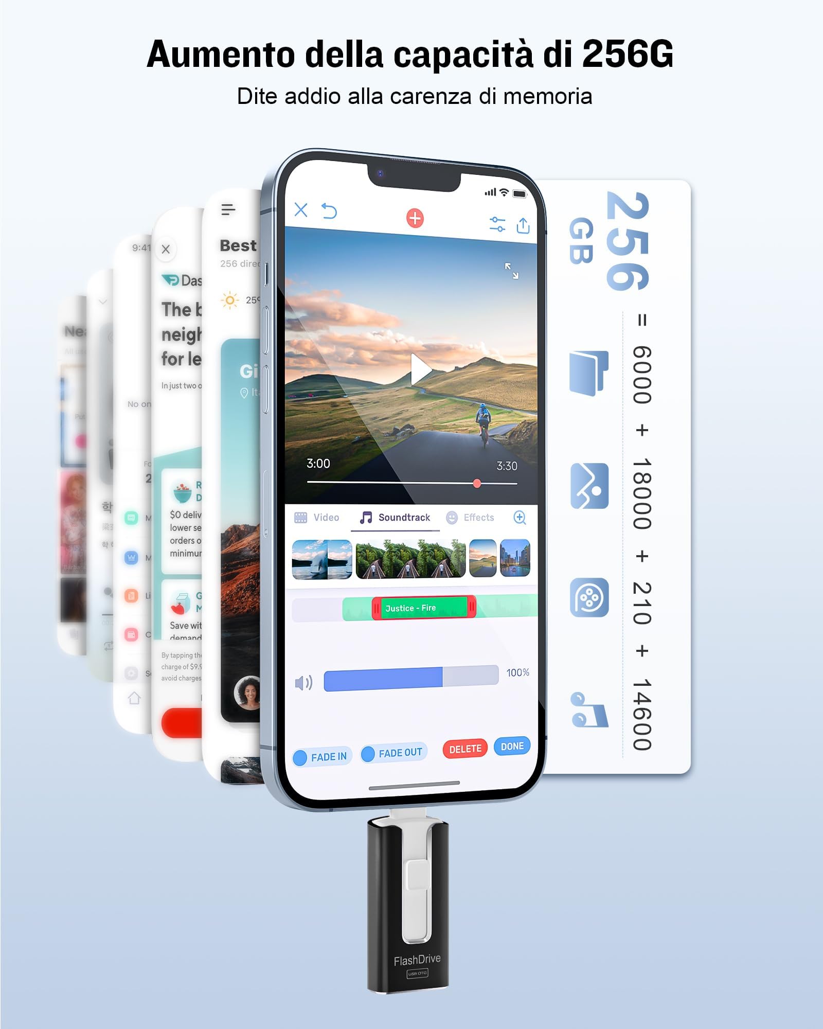 GNASEET Memoria esterna da 256 GB per Phone e Android, USB 3.0, nero | Chiavetta per Phone 4 in 1 con USB-C/Micro USB/USB-A, disco rigido esterno per telefono, per foto, video e dati