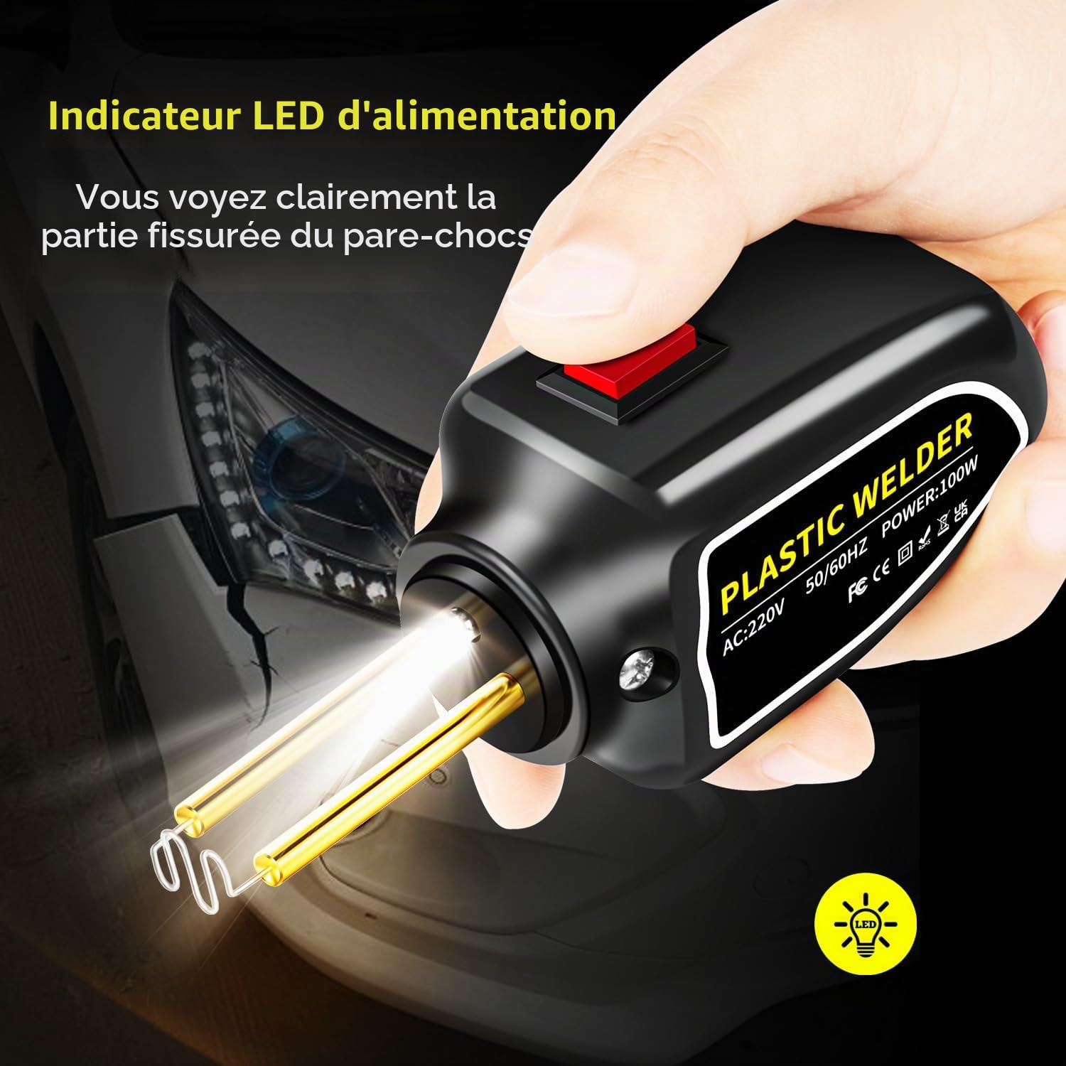 Machine de soudage en plastique 100W, kit de réparation de pare-chocs de voiture, agrafeuse à chaud avec 200 clous de soudage, plat/coin extérieur/coin intérieur/boucles