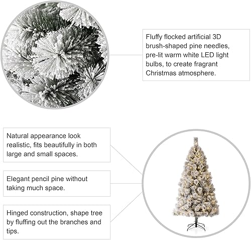 Vista 22 de Glitzhome Prelit Christmas Tree, 6ft Flocked Artificial Christmas Tree Serene Snowscape Fir with 300 Warm White Lights for Home, Office, Party
