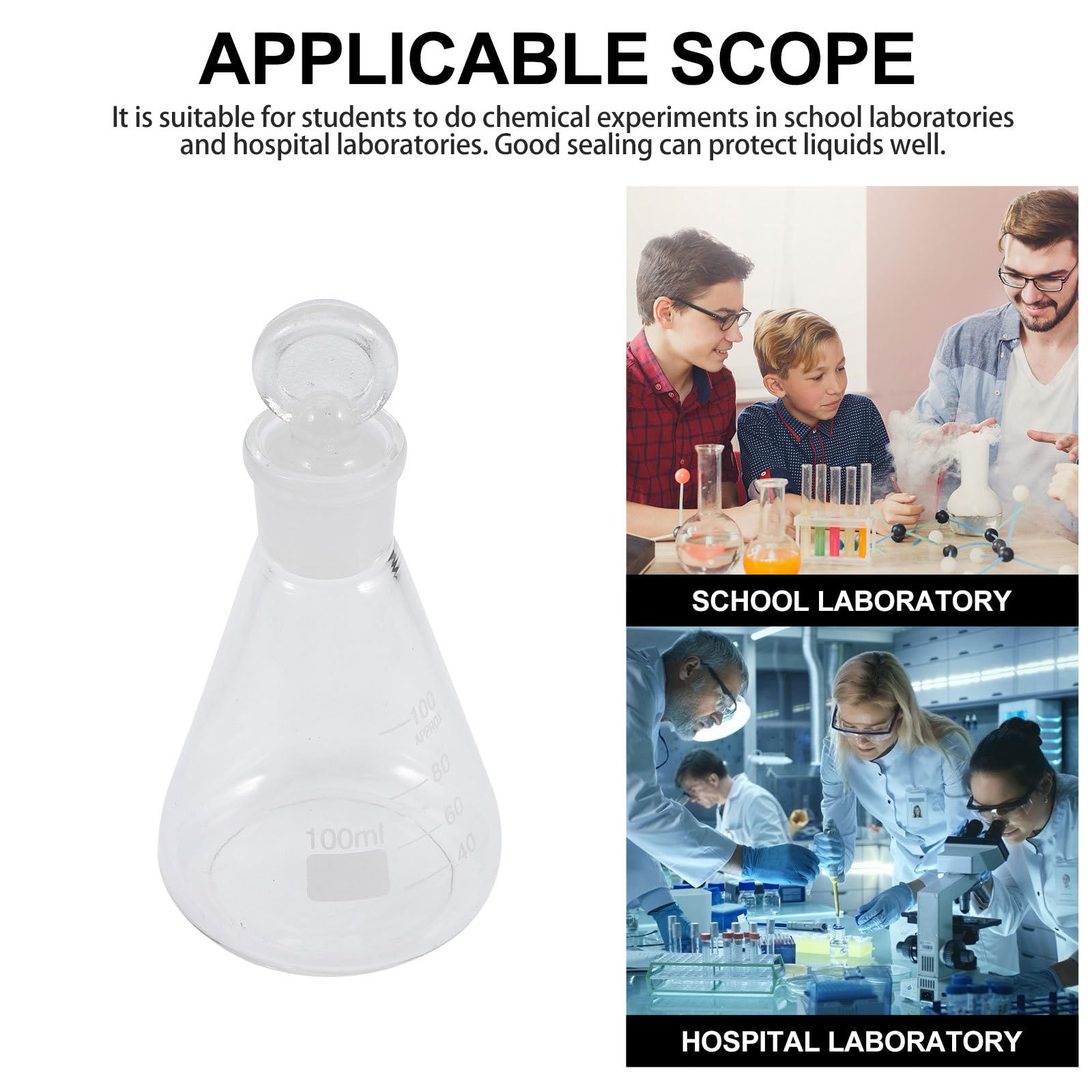 Flacon Conique en Verre 100 Ml Bouchon Solide Flacon Erlenmeyer Chimique pour Expérience de Laboratoire Matériel Scientifique Résistant à la Chaleur Chocs Usage Chimie et