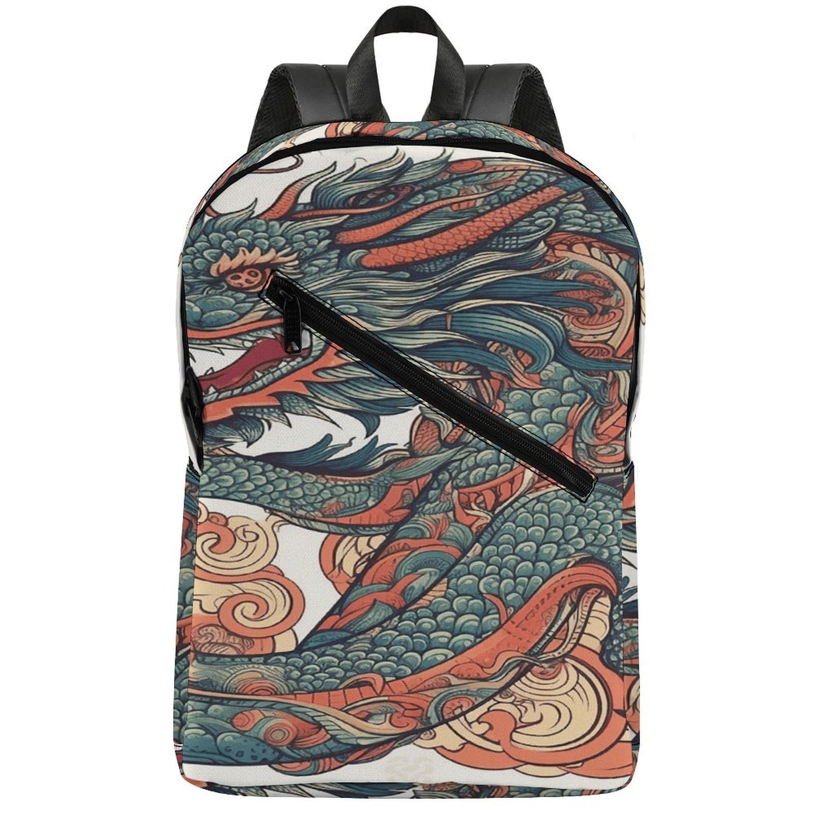 Rucksack, Motiv: Drache, bunt, lässig, Wanderrucksack, schmal, stabil, Laptop-Rucksack für Wochenende, Wandern, Rot und Cyan