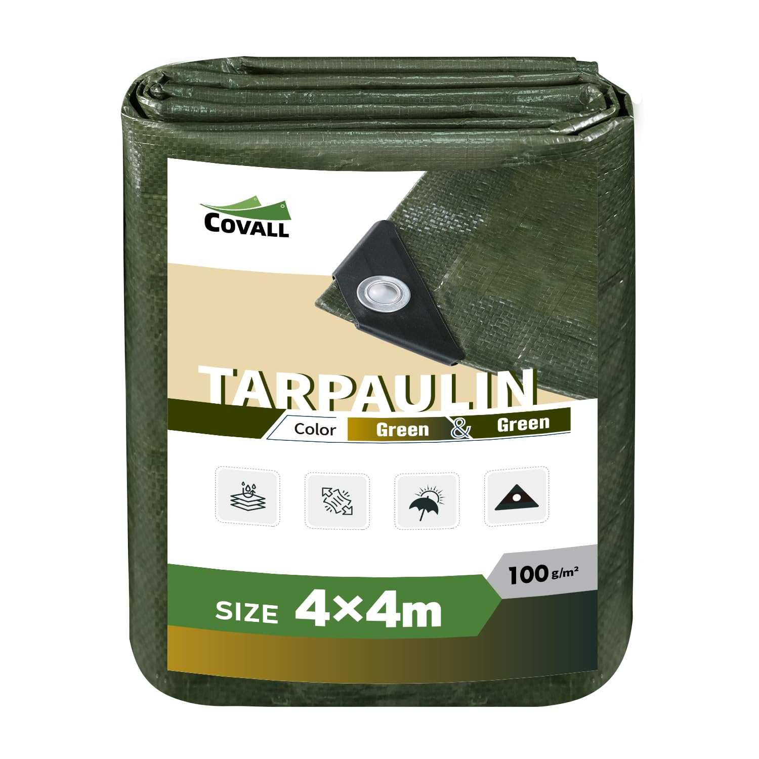 COVALL Tarpaulin Green Tarpaulin 4m x 4m-100g/m² Plastic Sheeting Groundsheet with eyelets Weatherproof Windproof UV & Tear Resistant Camping Tarp Garden Wood Roof Sandbox Boats Truck RV Car