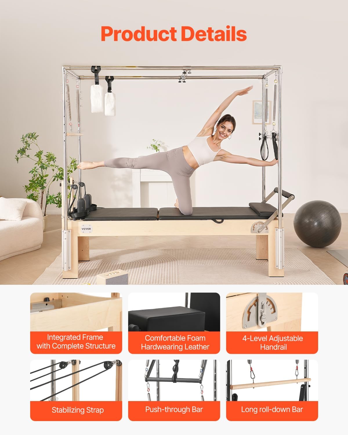 Detailed features of the VEVOR Pilates Reformer Cadillac