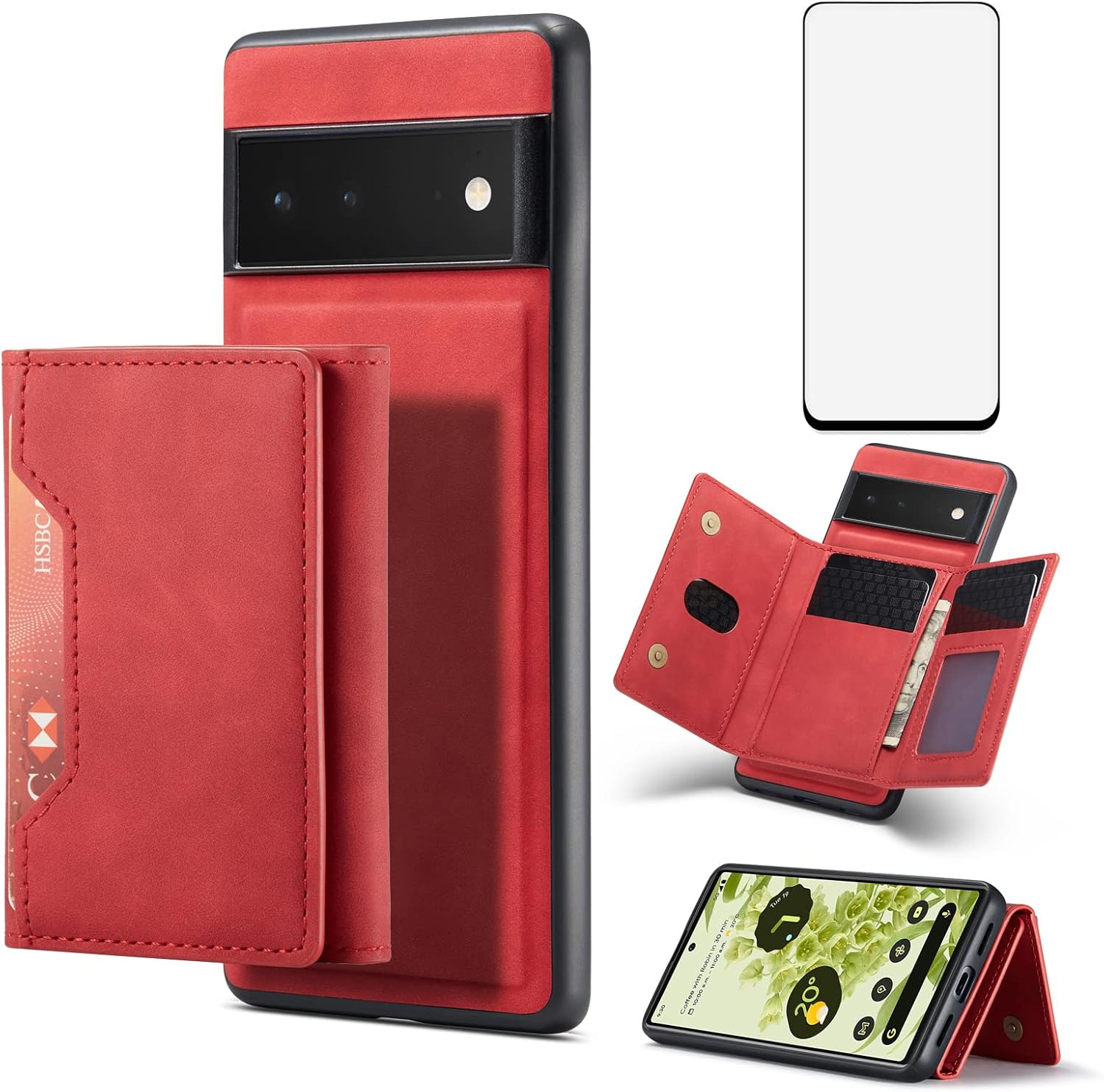 Asuwish Phone Case for Google Pixel 6 Pro Wallet Cover with Tempered Glass Screen Protector and Credit Card Holder Stand Leather Cell Accessories Pixel6Pro Pixel6 XL 6XL Pixle 6Pro 5G Women Men Red