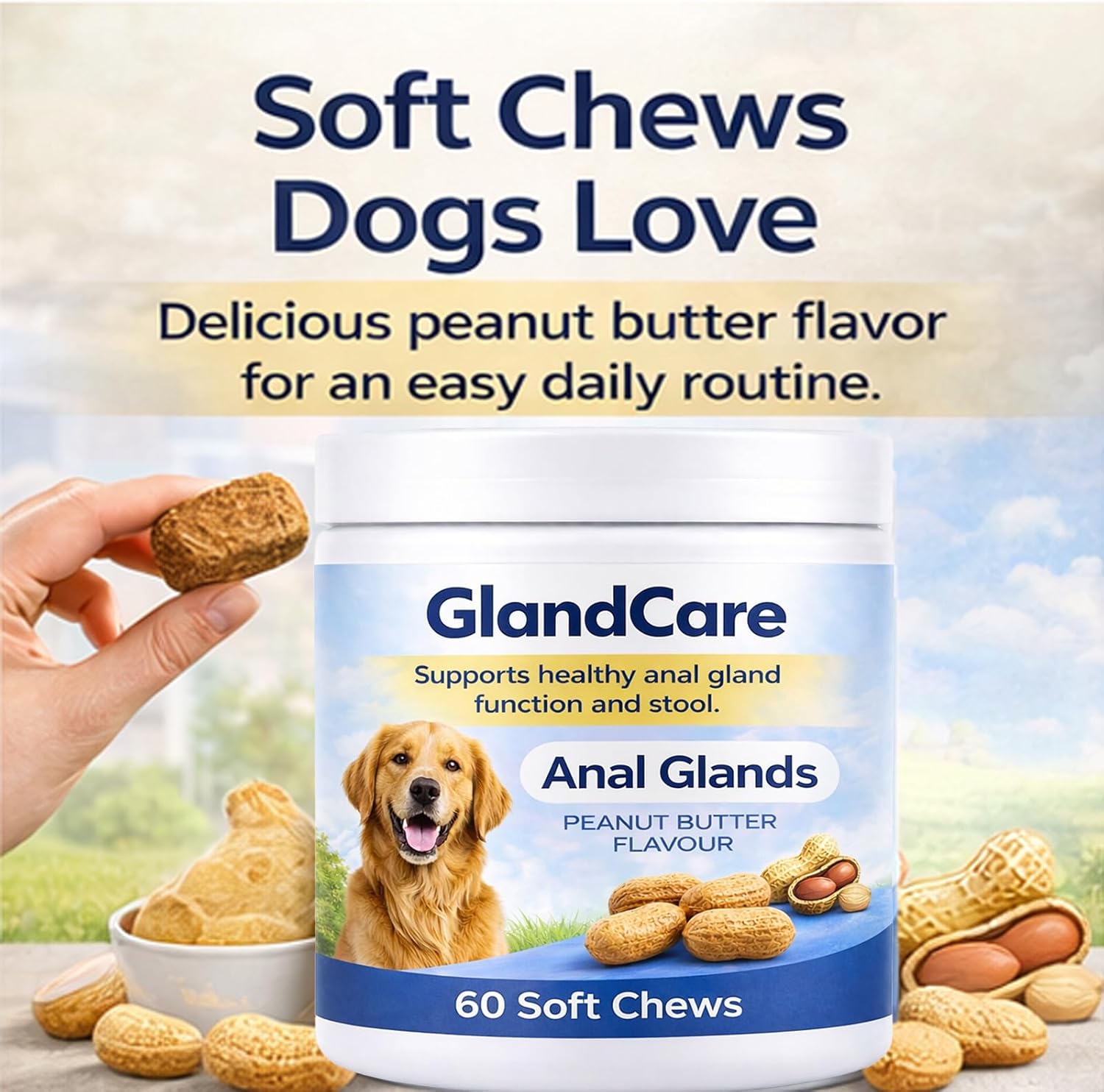 GlandCare Anal Gland Chews for Dogs with Peanut Butter | Dog Probiotics for Constipation, Digestive Health, and Gas Relief, Promotes Healthy Poops and Comfort