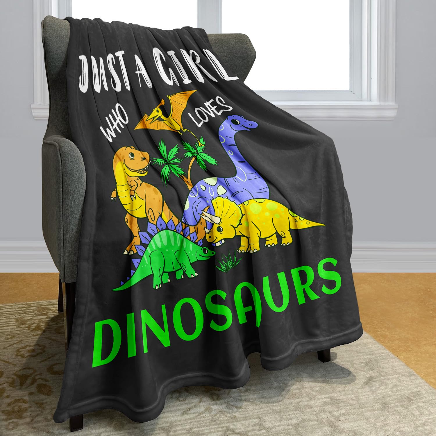 YISUMEI Dino Fleece Throw Blanket, Just A Girl Who Loves Dinosaurs Design, Gift for Girls Women Kids 125 x 150 cm, Black - Image 2