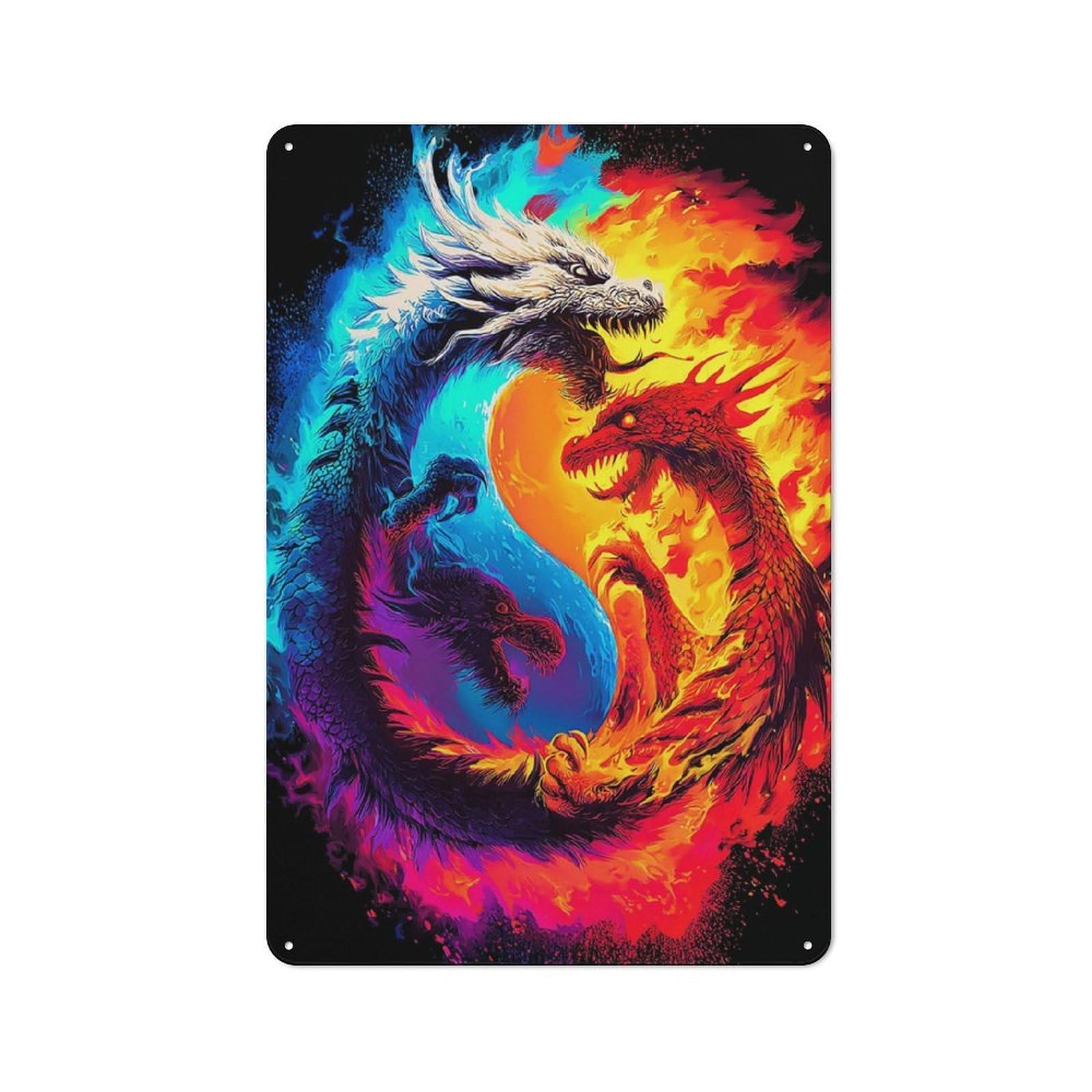 Modern Vintage Yin Yang Dragons Symbolic Artwork Metal Desk Wall Sign 30x20cm, Office Wall Decor for Office, Study, Studio Or Hallway