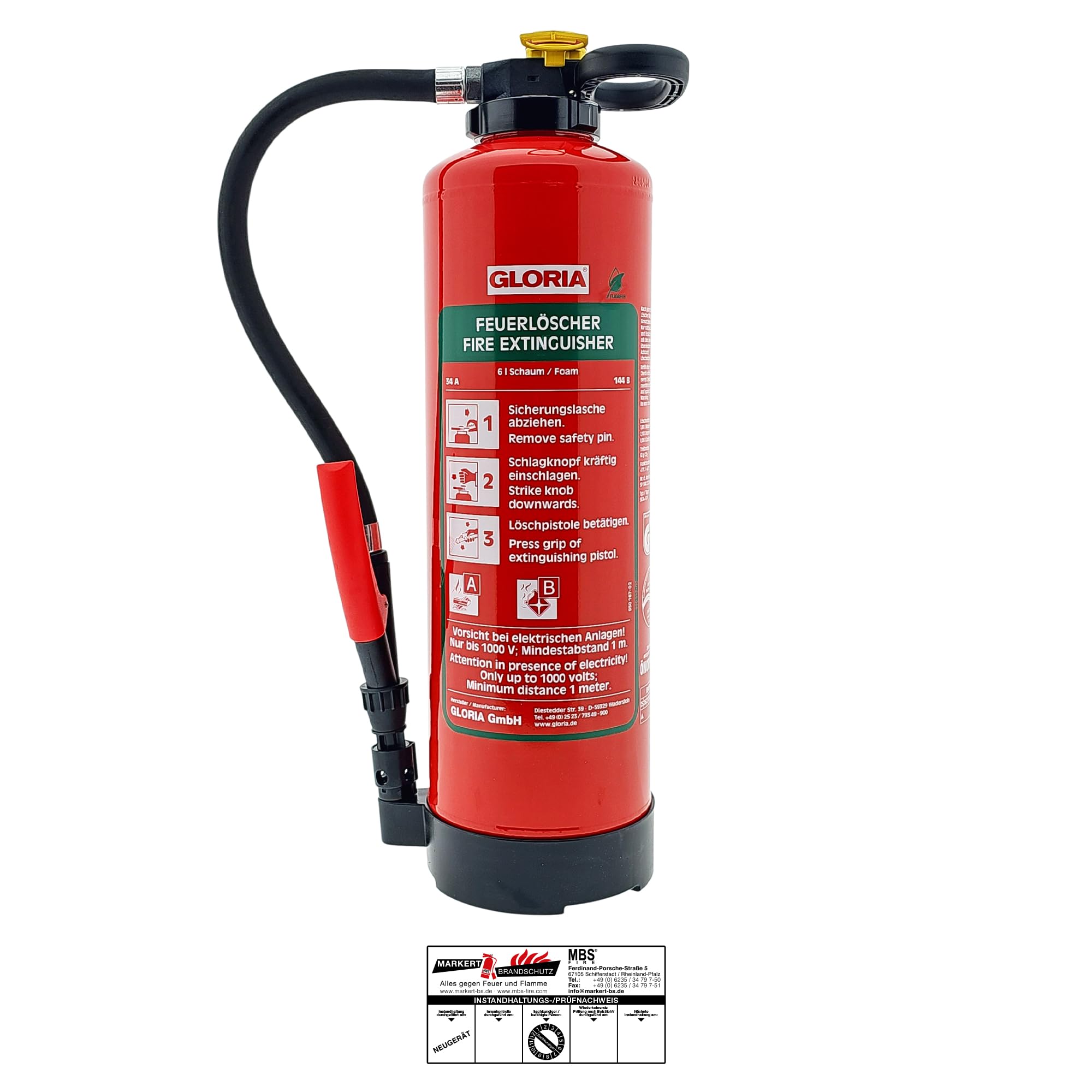 Gloria – SKA+ 6 PRO – Estintore in schiuma da 6 l – per le classi di incendio A, B – con supporto da parete – con prova di