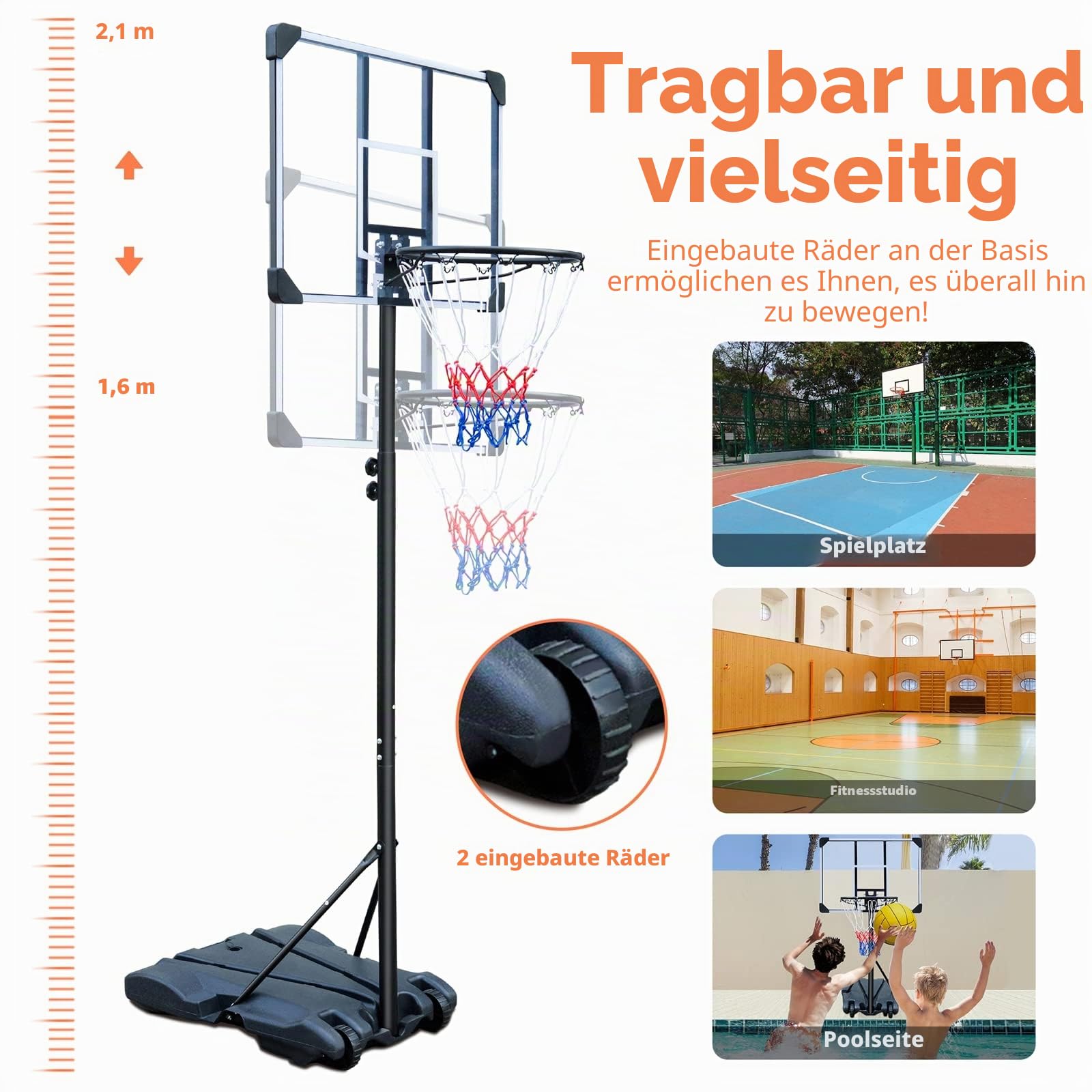 HIONRE Tragbarer Basketballkorb Basketballständer verstellbar 165-213 cm Schwarz