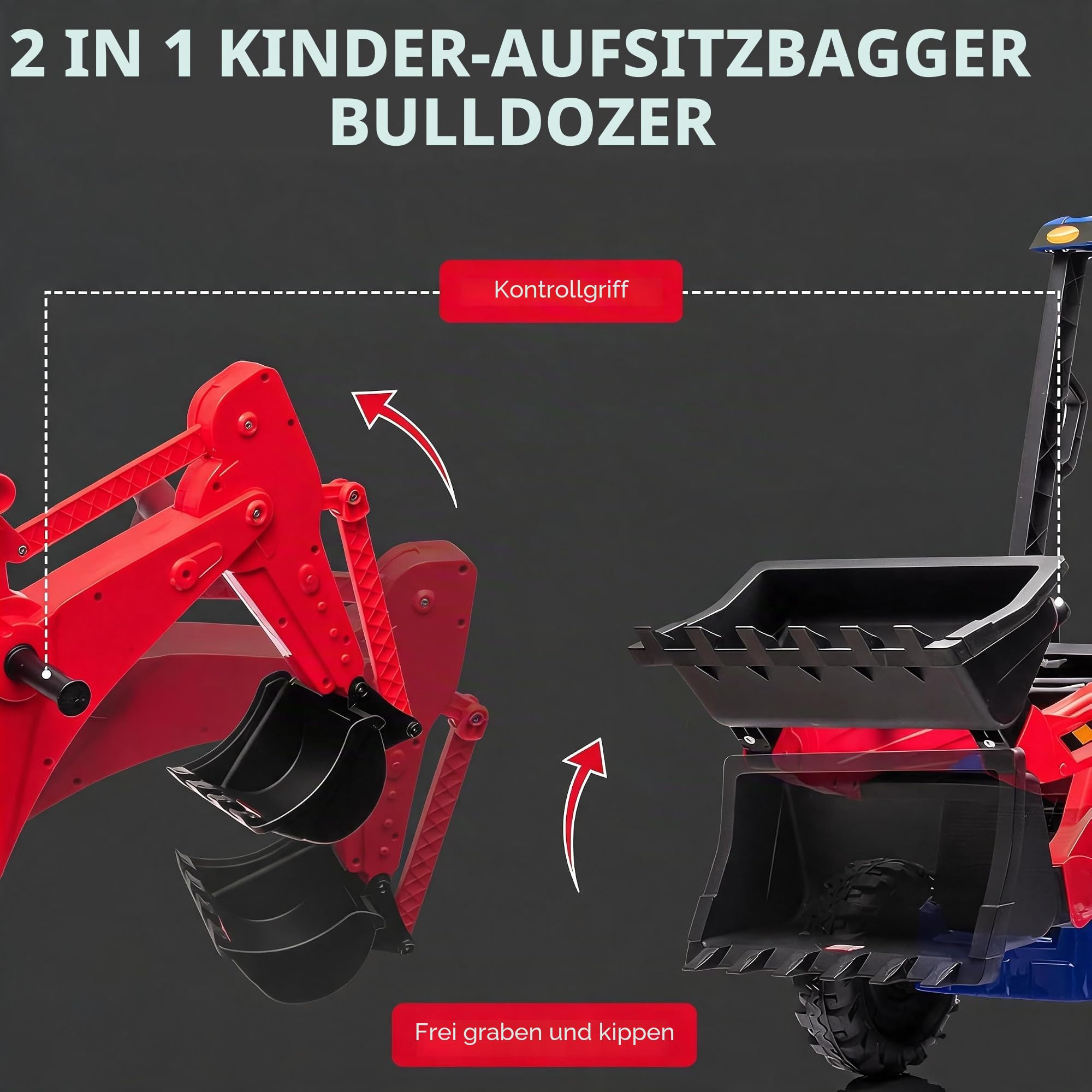 12V Elektro-Traktor für Kinder mit mechanischer Schaufel, Kinder-Traktor mit verstellbarem Arm, Ferngesteuerter Bagger mit abnehmbarem Dach, 2–4 km/h, für Kinder ab 3 Jahren, Rot und Blau