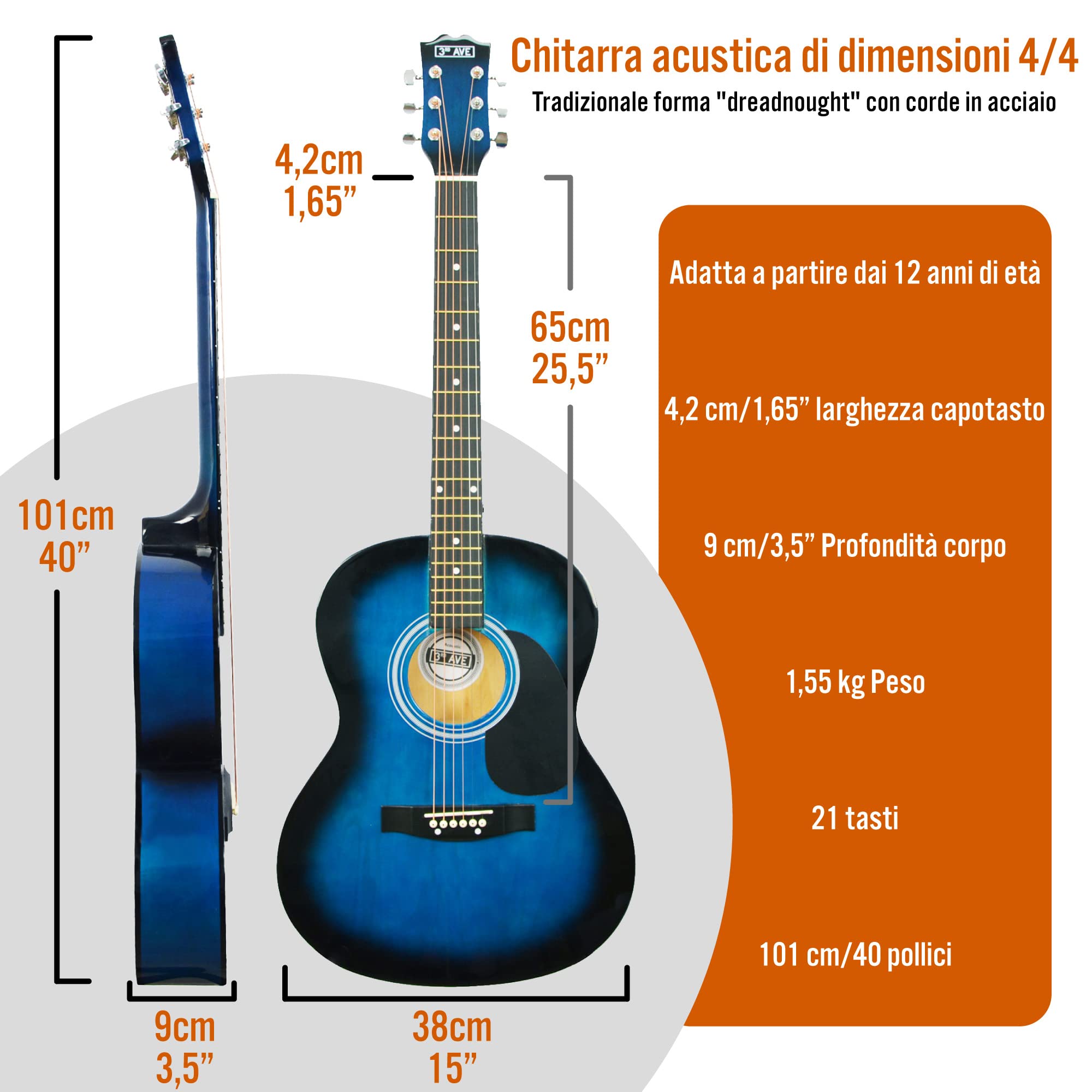 3rd Avenue Chitarra Acustica 4/4 Beginner, Corde Acciaio, Custodia, Plettri, Corde di Riserva – Blu