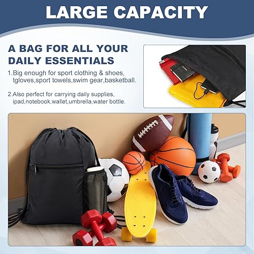 Miniatura 6 de HOLYLUCK Hombres y mujeres al aire libre deporte gimnasio saco impermeable cordón mochila bolsa negro, Negro -, Mediana, Cordón con bolsillo lateral