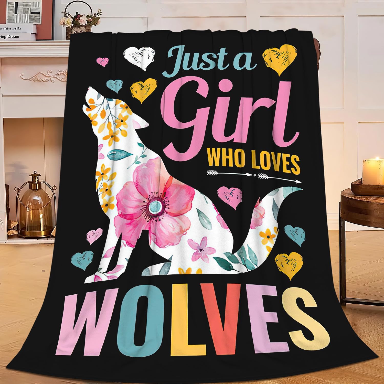 SweetFox Just A Girl Who Love Wolves Blanket Cute Wolf Decor Animal Throw Blanket Gifts for Girls Boys Super Warm Soft Plush Fleece Flannel Winter Couch Bedding for Baby Kids Adults Women 50"X40"
