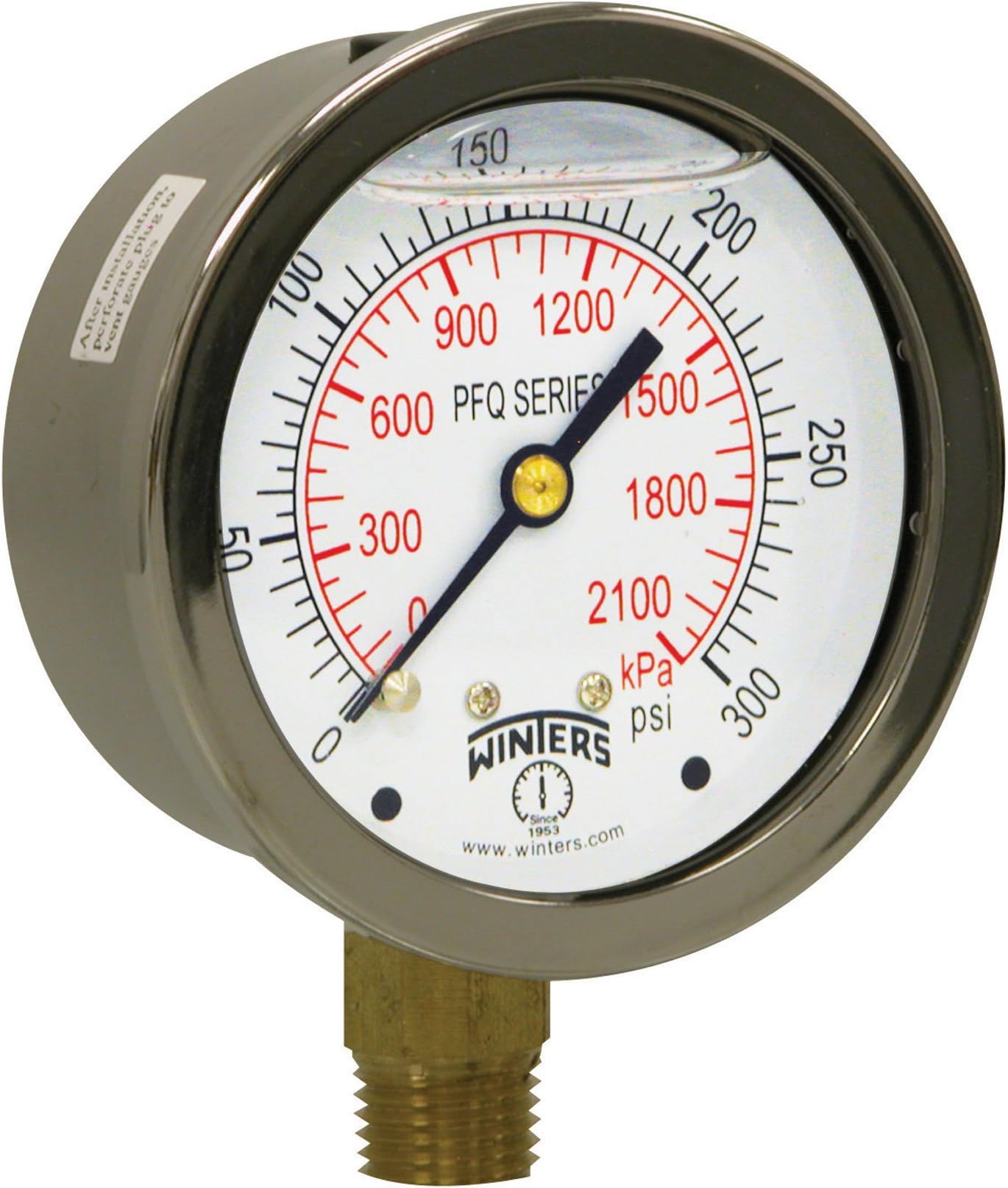 Winters 2-1/2" Dial Size, Liquid Filled Industrial Pressure Gauge, Brass Internals, 304 Stainless Steel Case, Dual Scale 0-300 psi/kPa, 1.5% Acc, 1/4" NPT Bottom Mount, Glycerin Filled Pressure Gauge