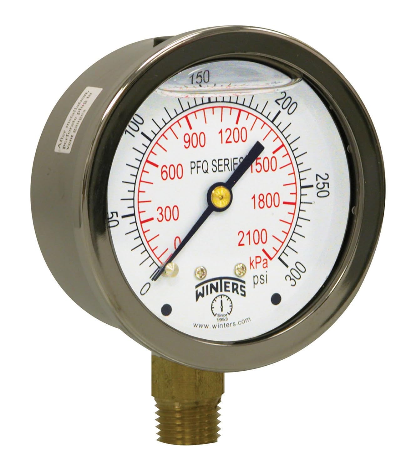 Winters 2-1/2" Dial Size, Liquid Filled Industrial Pressure Gauge, Brass Internals, Stainless Steel Case, Dual Scale 0-1,000 psi/kPa, 1.5% Acc, 1/4" NPT Bottom Mount, Glycerin Filled Pressure Gauge