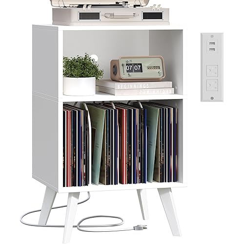 Record Player Stand, 3-Tier Side End Table with Charging Station, Turntable Stand Up to 160 Albums, Vinyl Storage Cabinet Dispaly Shelf for Living Room, Classic White