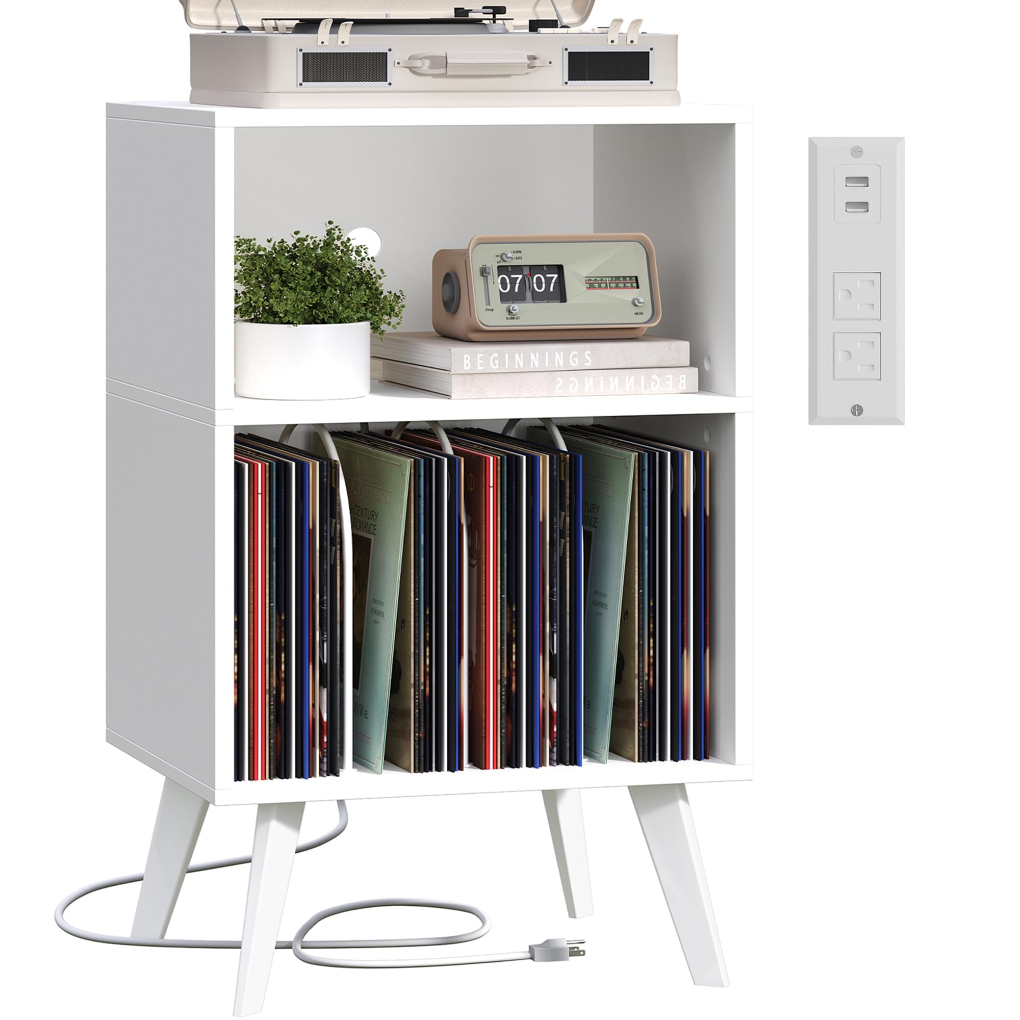 Record Player Stand with Charging Station, 3-Tier Turntable Stand Holds 160 Vinyl Records for Living Room