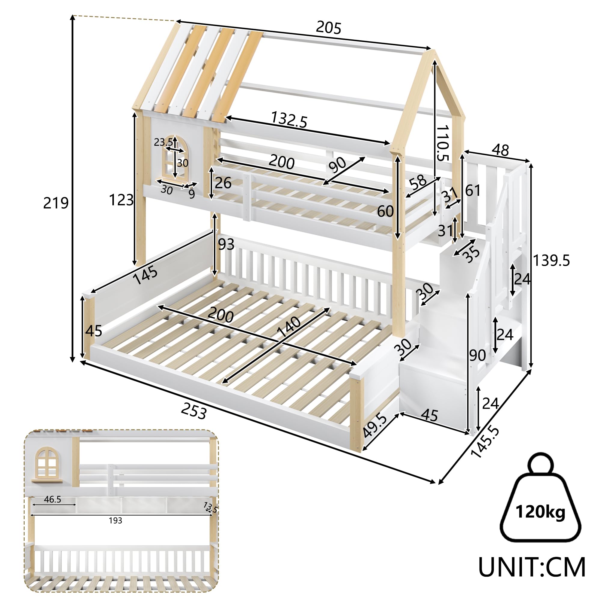 Litera de 90(140) x200 cm con LED y Diseño de Casa, Cama Infantil con Compartimentos Abiertos y Escalera Almacenaje, Cama Litera Matrimonio con Protección Anticaída, Sin Colchón, Blanco+Natural