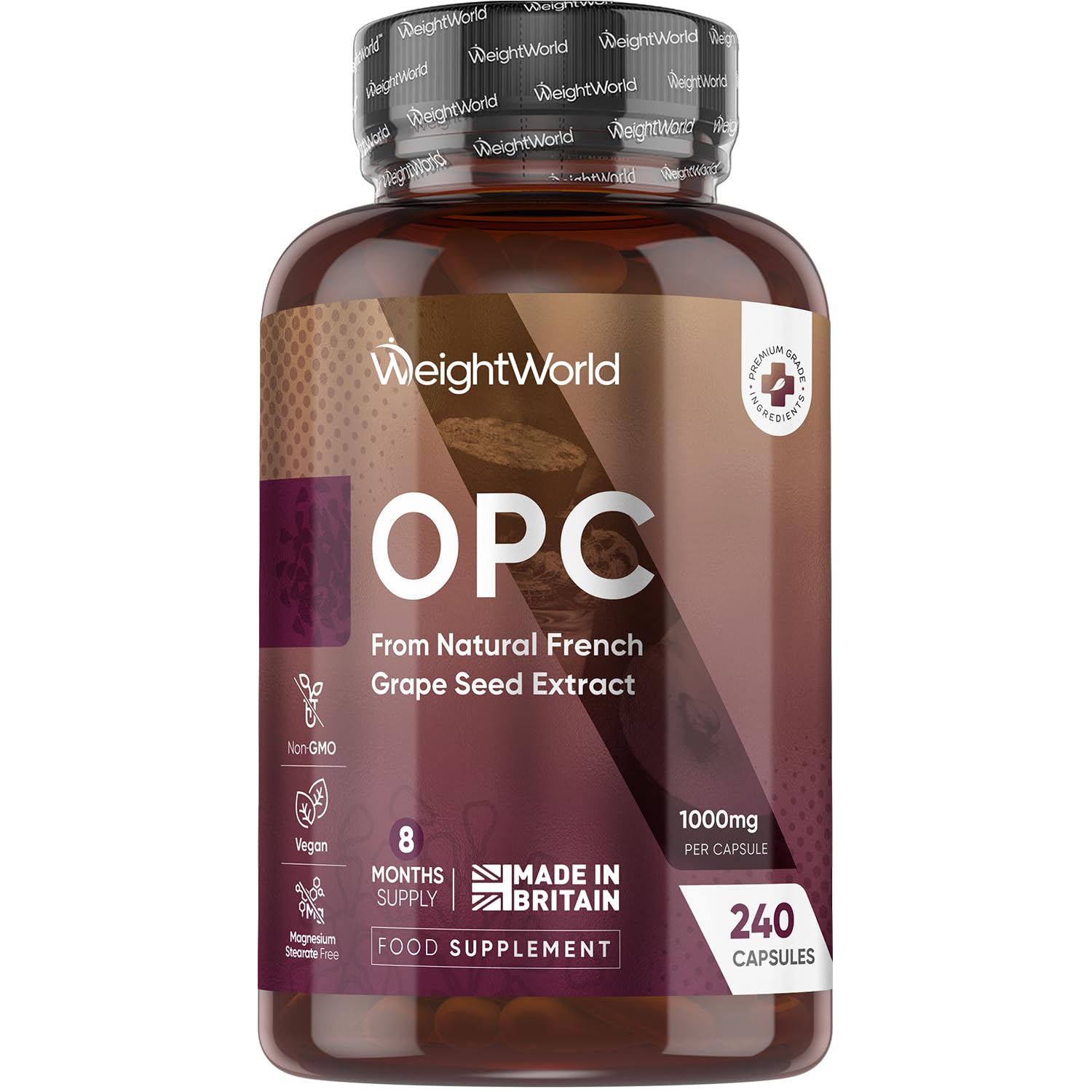 WeightWorld Grape Seed Extract Capsules 1000mg | 240 Capsules | 8 Months Supply | 95% OPC (Oligomeric Proanthocyanidins) | Vegan Polyphenols Supplement for Men & Women | 1 per Day | Made in The UK