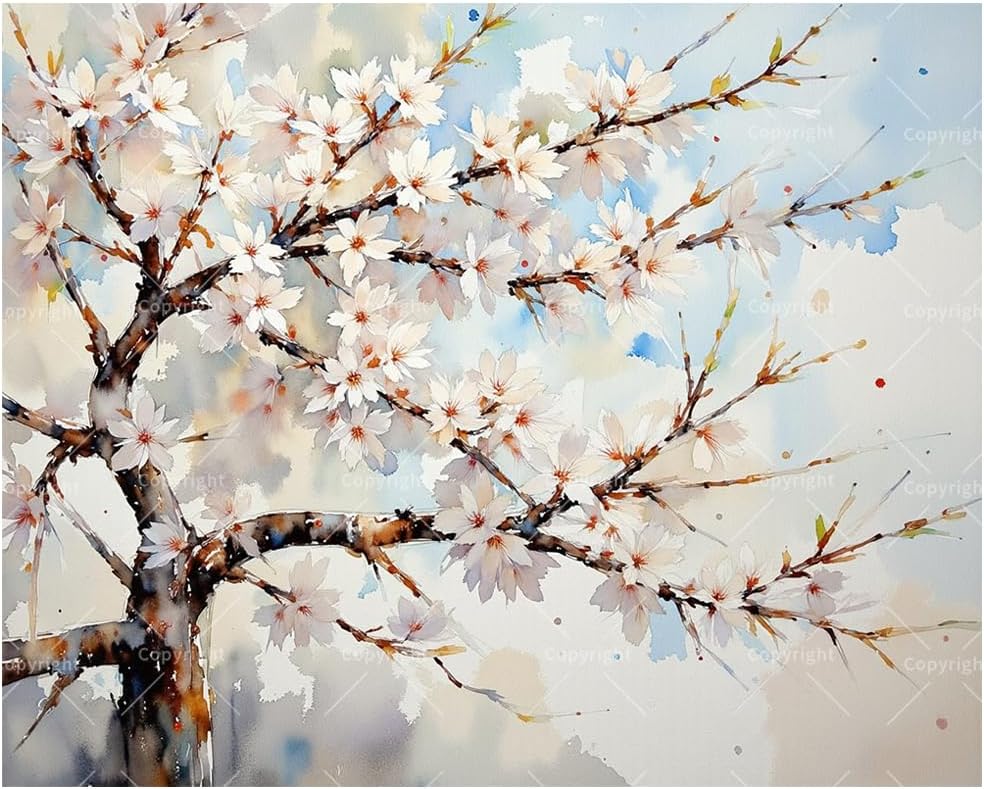 Cherry Blossom Tree Paint by Numbers Kit for Adults - DIY Spring Flowers on Branches Painting on Canvas 16x20In, Framed Acrylic Paint Set,Suitable for Beginners,Floral Art for Decoration/Gifts