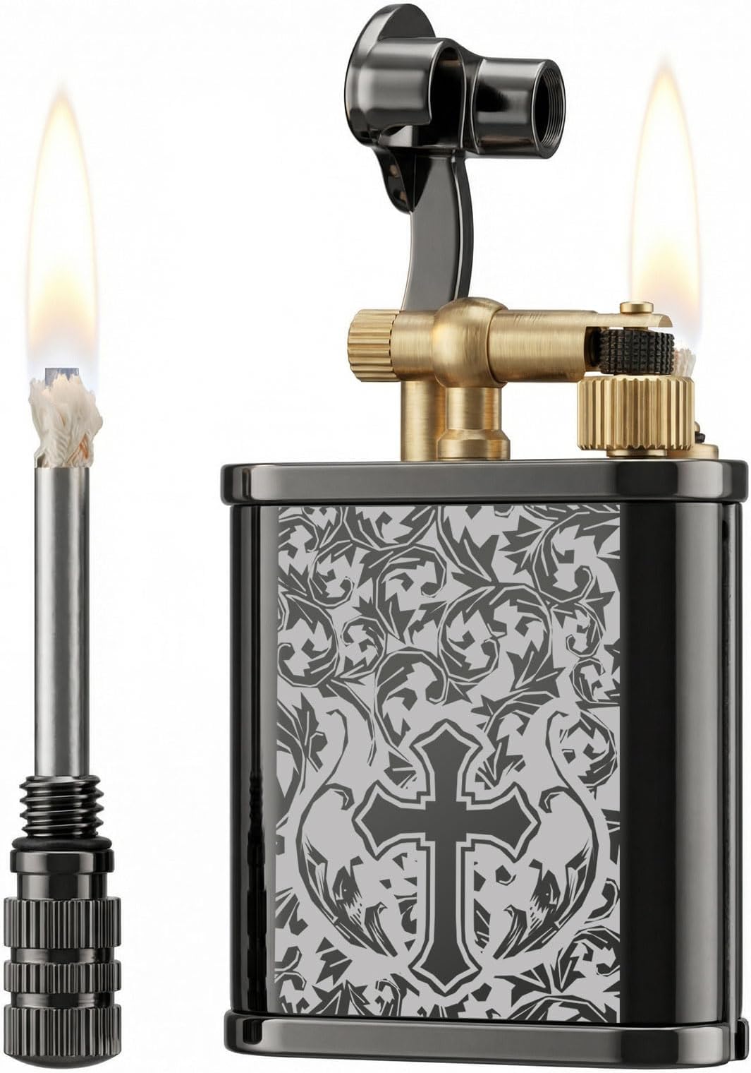 Retro Lift Arm Kerosene Lighter & Permanent Match 2-in-1, Antique Style Fluid Lighter with Spare Flint Compartment & Leak-Proof O-Rings, Unique Cool Birthday for Men (Black Ice Cross)