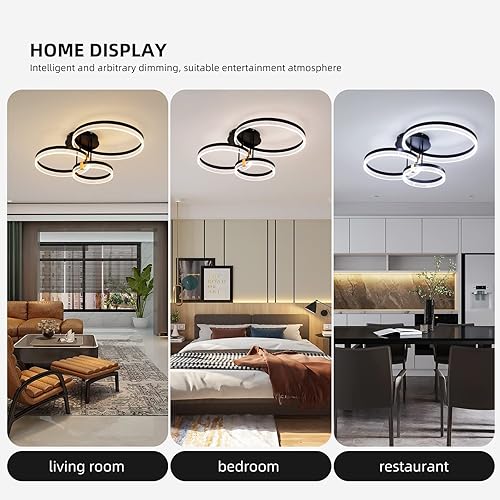 Miniatura 5 de Becailyer Lámpara de techo moderna, 3 anillos LED negros cerca del techo, lámpara de techo acrílica regulable de 56 W, lámpara de techo para sala de