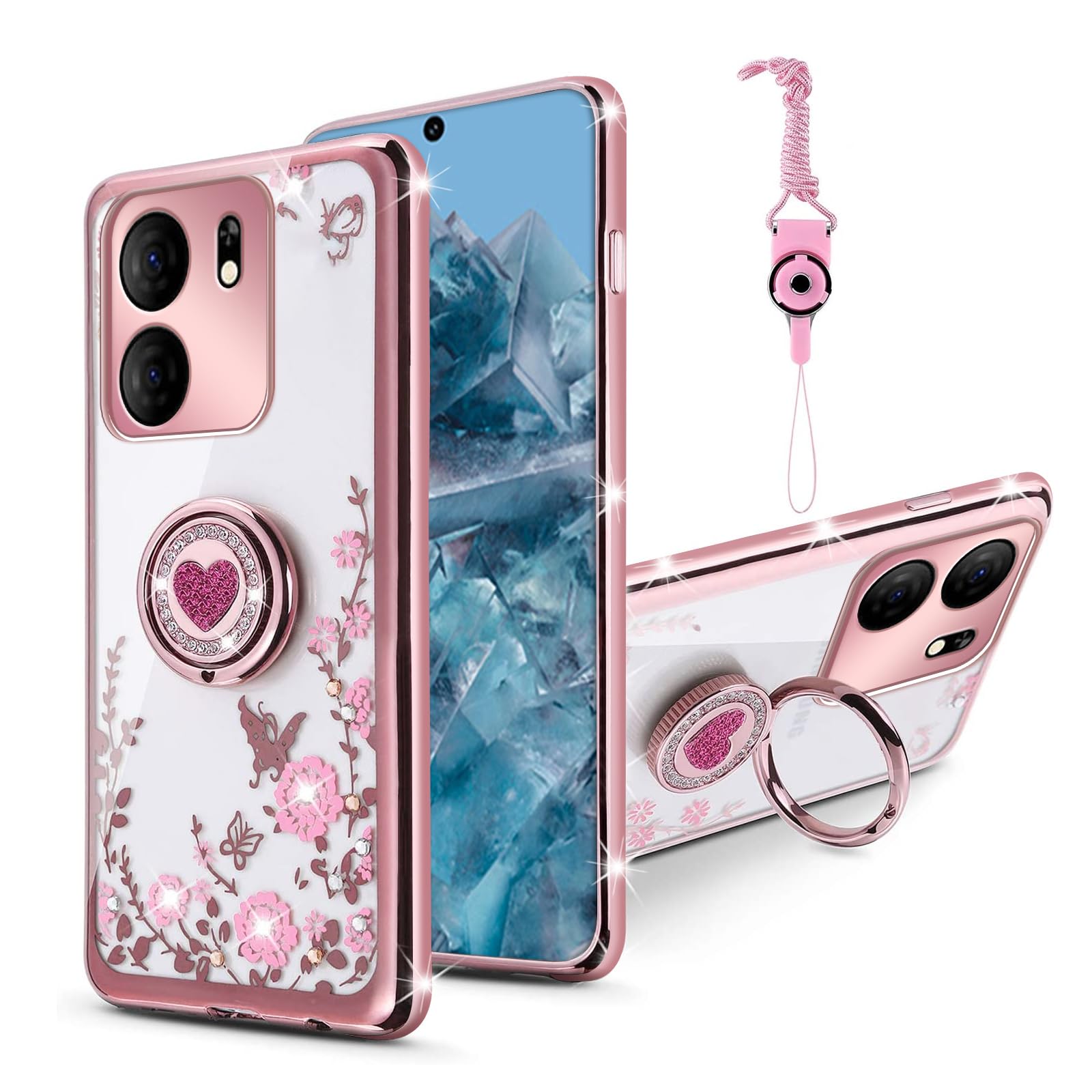 TSAYGFK for BLU View 5 Phone Case, BLU View 5 Case for Women, Glitter Crystal Butterfly Heart Floral Slim TPU Cute Girls Protective Cover with Ring