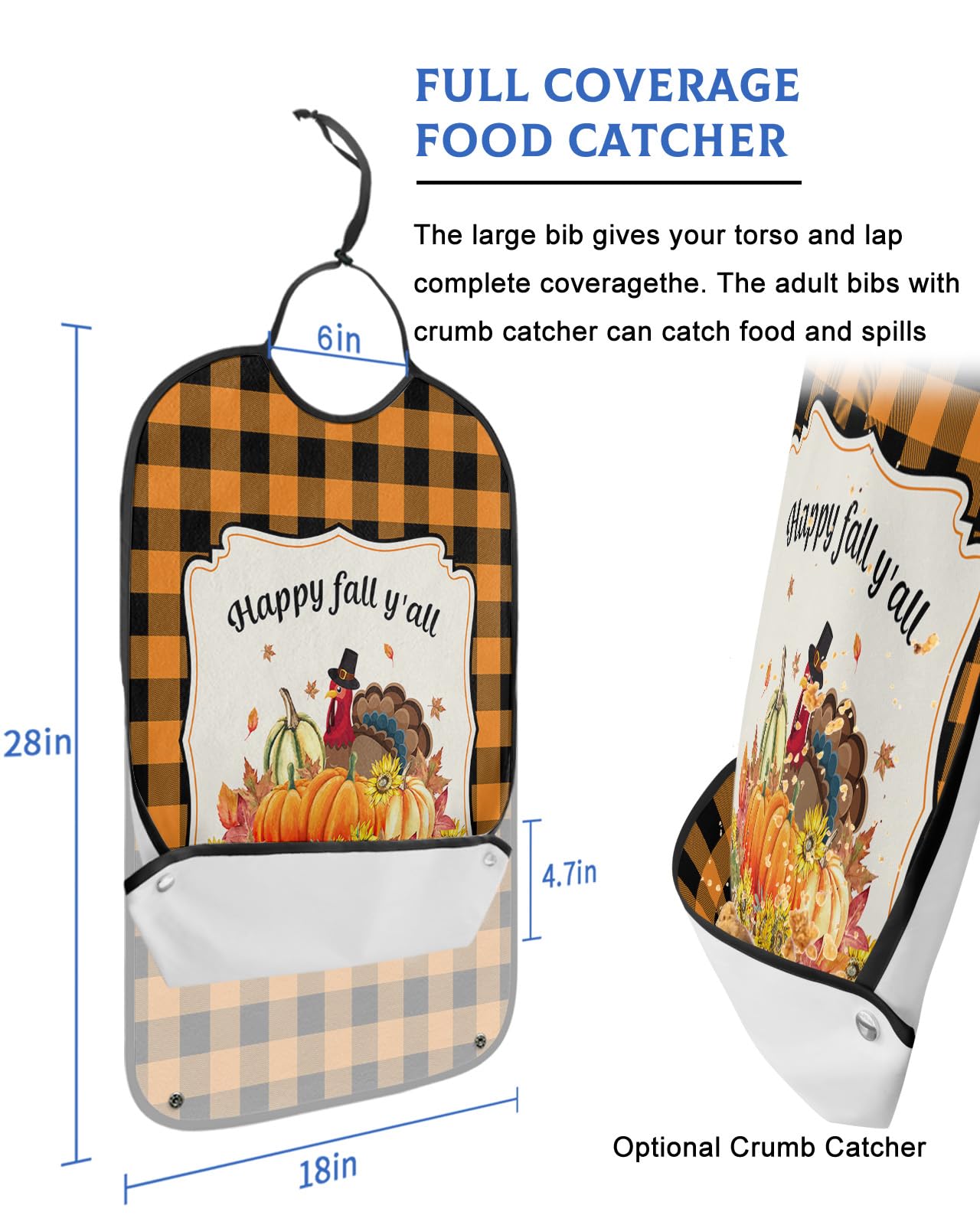 Thanksgiving Pumpkin Adult Bibs for Eating, Waterproof Bibs with Food Catcher & Adjustable Snap Closure, Orange Black Plaid Turkey Washable Clothing Protectors Adult Bibs for Elderly Women/Men