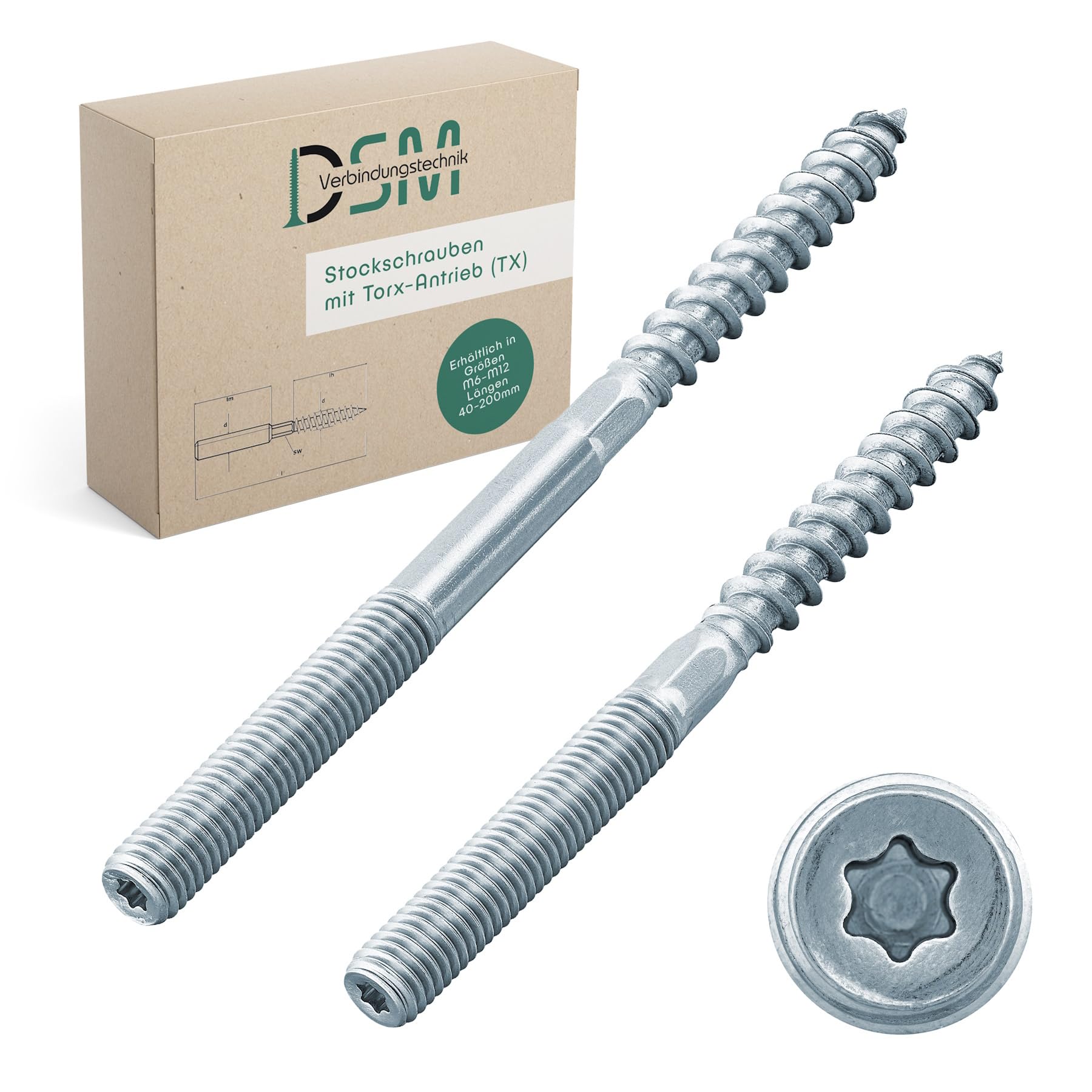 DSM – Espárragos roscados M12 x 200 mm con accionamiento Torx (TX 30) Galvanizados – M6 a M12, tornillos de doble rosca para acoplamientos de tubería, SW 10 mm, uniones de madera, material de montaje