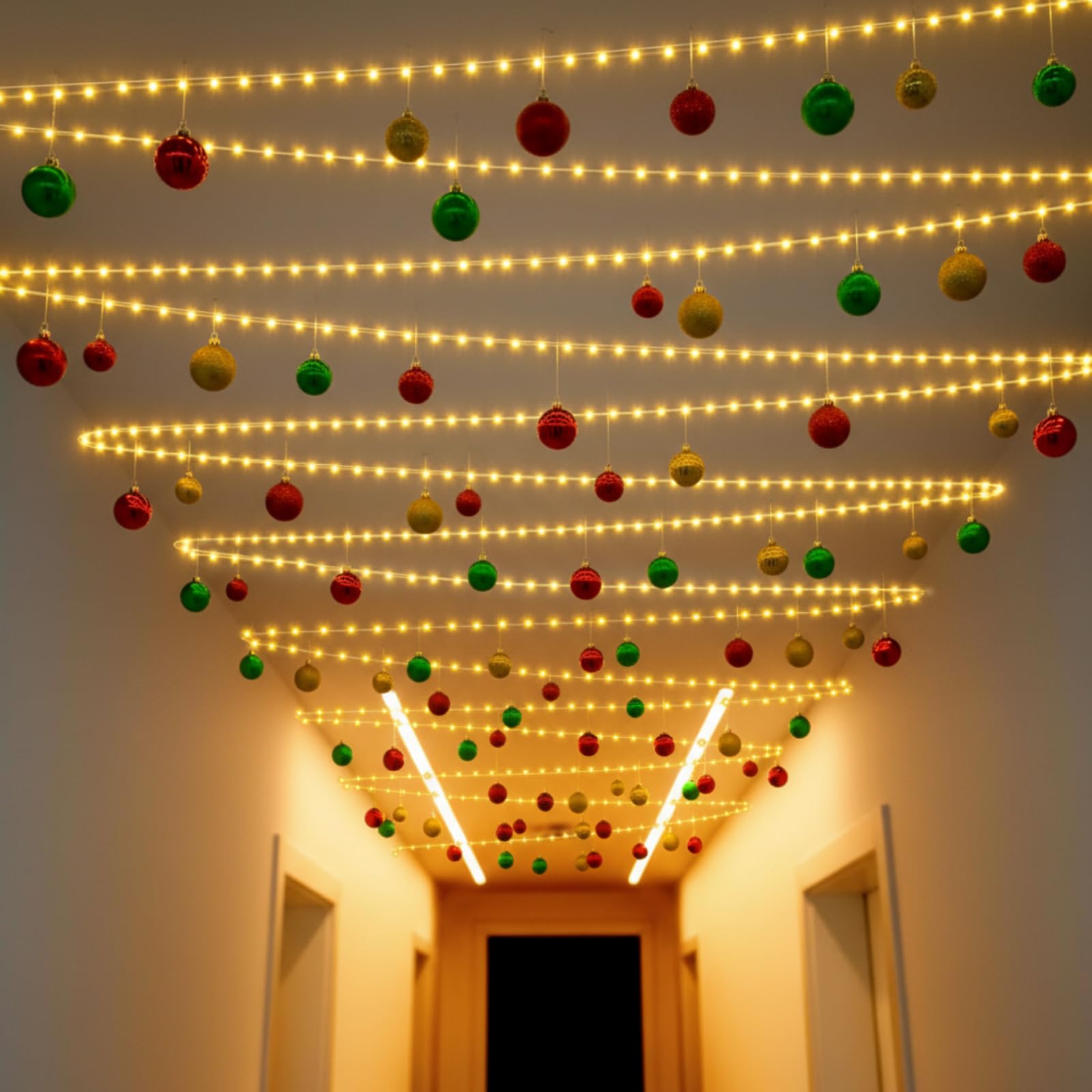 Halloscume Weihnachts-Lichterkette für Flure, Deckenleuchten, Dekorationen, 19,8 m, LED-Lichterkette mit Fernbedienung, 63 Weihnachtskugeln, Ornamente, DIY, Urlaub, Party, Veranda-Dekoration