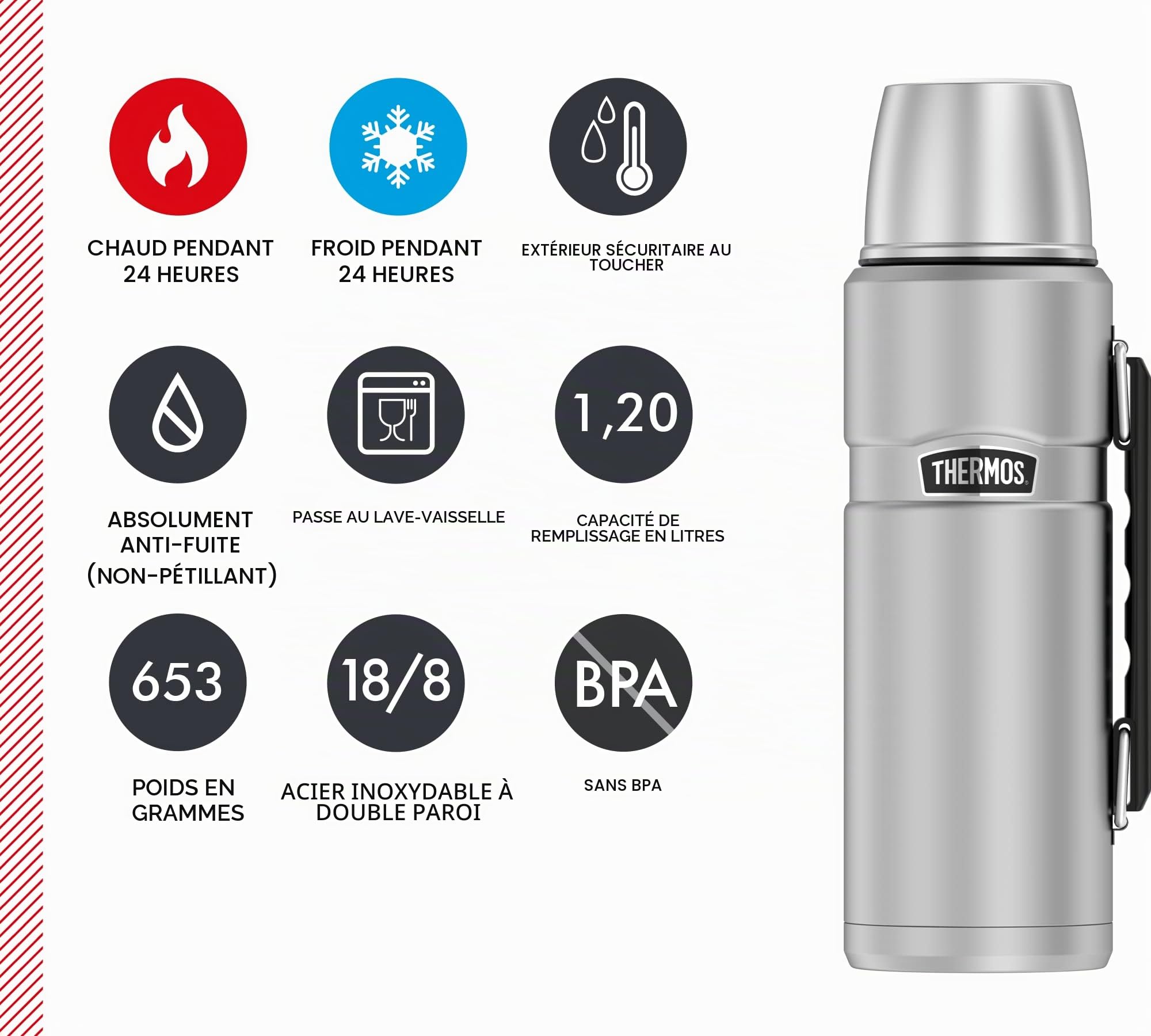 Très grand thermos flasque de 1,2 L en acier inoxydable, Acier inoxydable, acier inoxydable, 9,5x10,9x31,3 cm