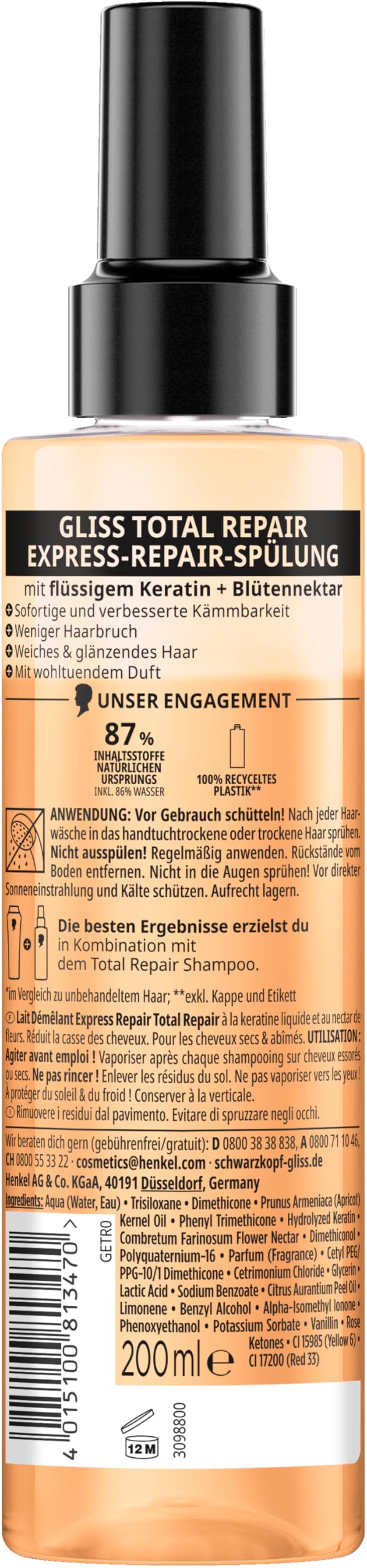 Gliss Odżywka do włosów Express-Repair Total Repair (200 ml), natychmiastowe rozczesywanie i ochronę przed łamaniem włosów, odżywka z ochroną przed wysoką temperaturą do 230°C