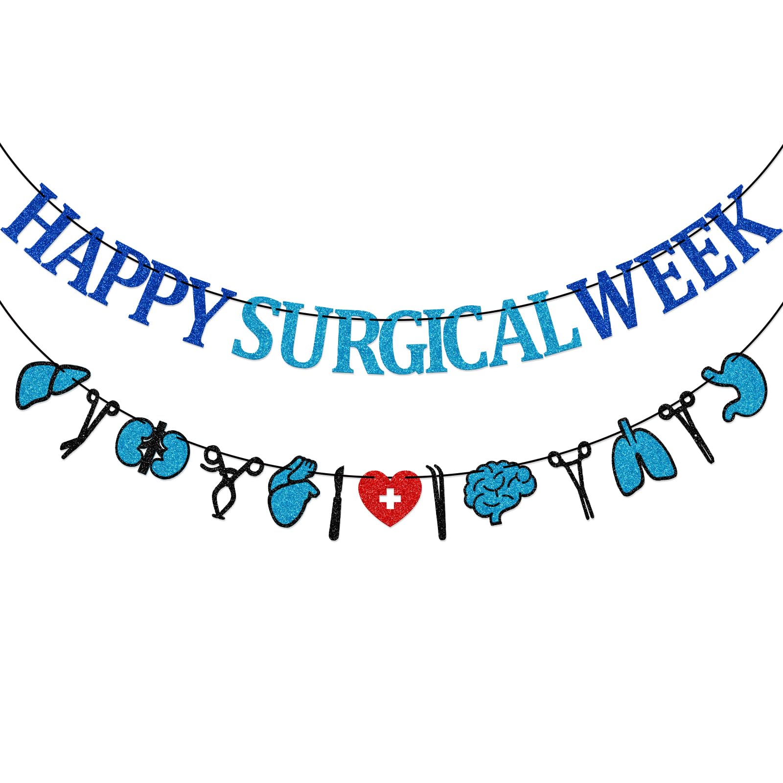 Happy Surgical Week Banner - Blue & Black Glitter, Pre-strung 5.7ft Hospital Decor
