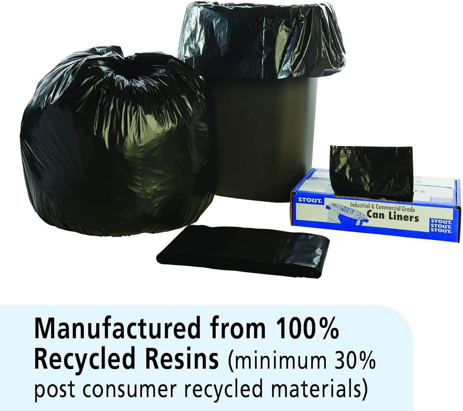 Stout by Envision Commerical 33 Gallon Can Liners - 100 Bags - 1.5 mil Heavy Duty Industrial 100% Recycled Puncture & Tear Resistant Garbage Trash Bags : Jan San Waste : Health & Household