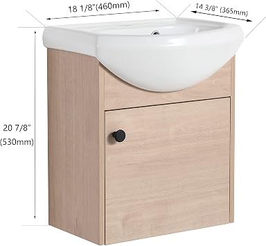 18Inch Small Bathroom Vanity with Sink,Single Bathroom Cabinet,Floating Wall Mounted Cabinet Set with Soft Close Door,Light Oak