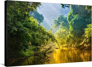 ART.COM Stretched Canvas Print Amazing Scenic View Tropical Forest with Jungle River on Background Green Trees in the Morning Rays by Cocos Bounty, 36" x 24"