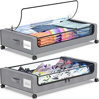 صندوق تخزين تحت السرير بعجلات من دوركو، عبوتان من حاويات التخزين بنافذة شفافة وملصق بسعة 60 لتر لتخزين الملابس والاحذية والالعاب (رمادي)