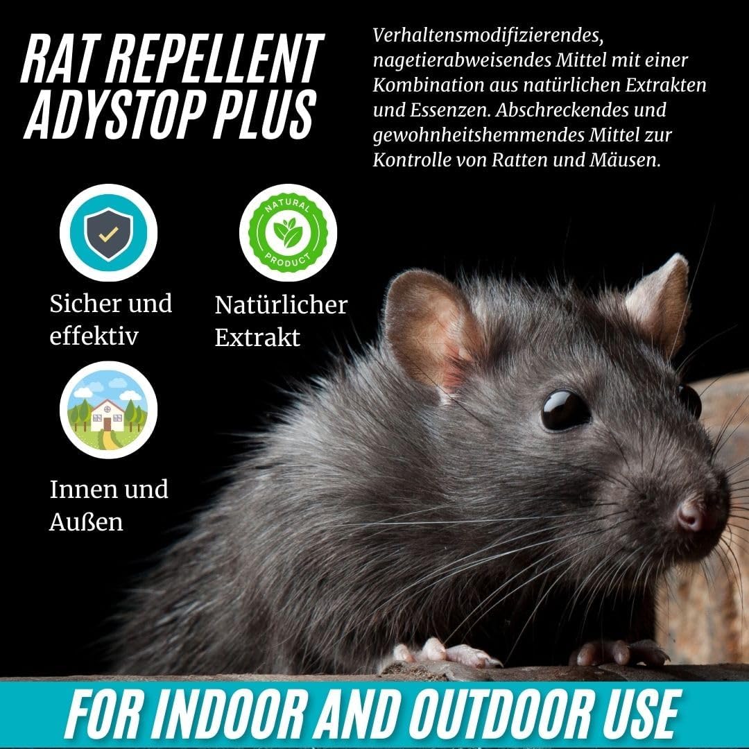 Ratten und Mäuseabwehr | Rattenschutz für Innen und Außen | Ratten & Nagetierabwehr | Natürlich, sicher und effektiv, Ohne Rodentizid giftfrei. Mittel gegen Ratten RAT REPELLENT ADYSTOP PLUS