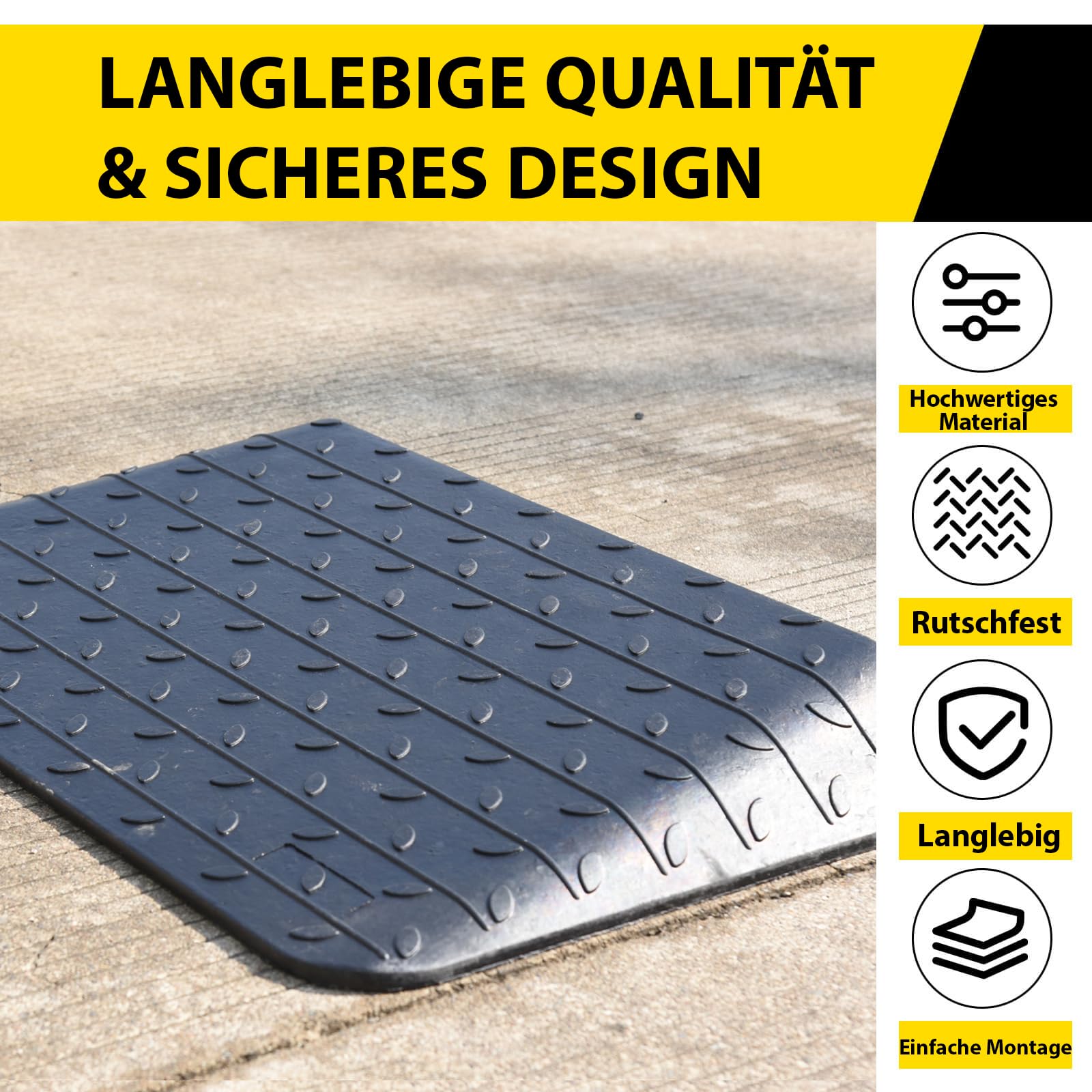 Gumowa rampa do krawężnika, czarna, klin gumowy, rampa dla wózków inwalidzkich, pomoc w najeździe, rampa progowa do drzwi, rampa gumowa (90 x 54 x 9 cm)