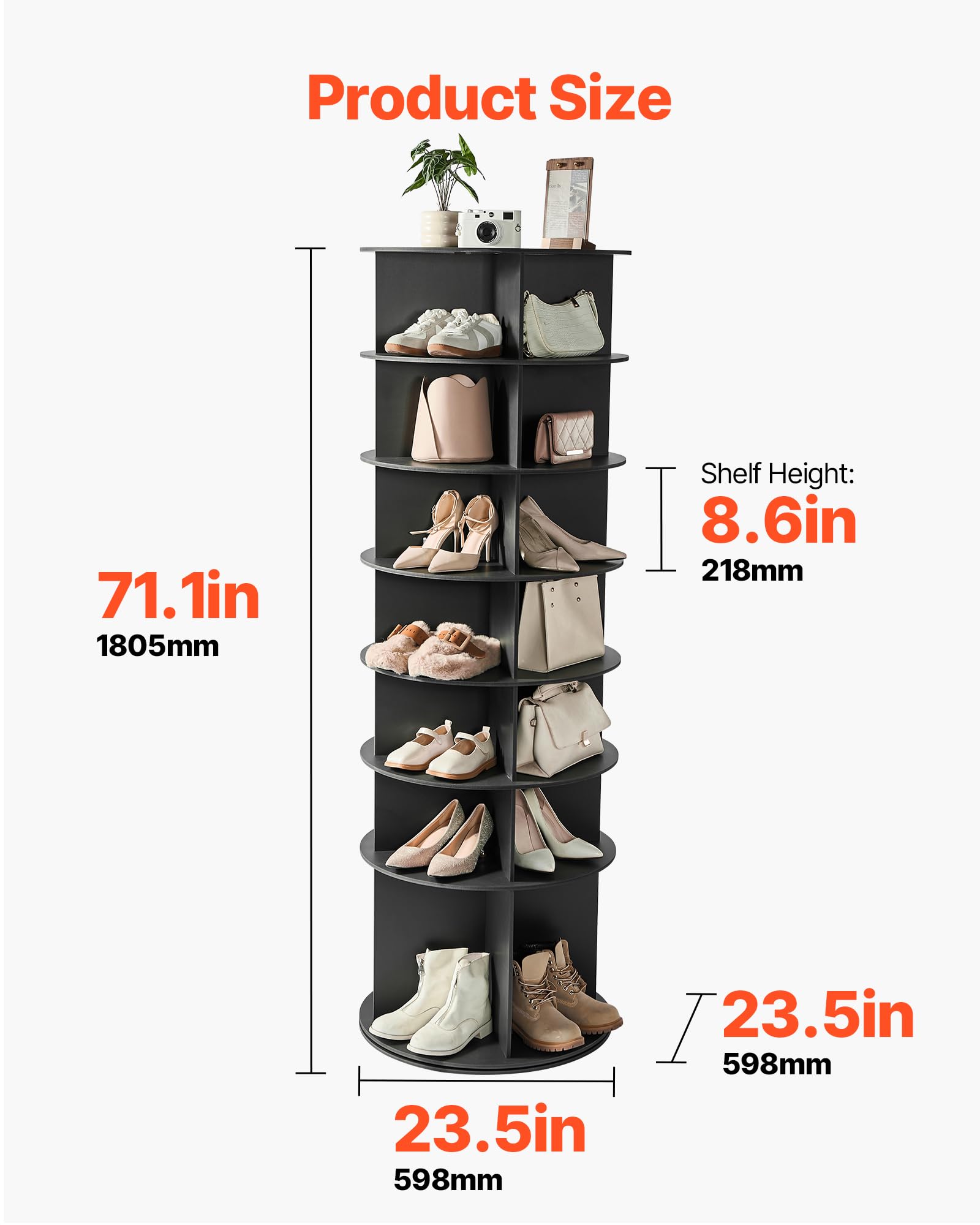 VEVOR Carosello Portascarpe Supporto Girevole a 360° con 598 x 598 x 1805 mm per 28 Paia di Scarpe 7 Ripiani, Salvaspazio, Scaffale per Scarpe per Camera da Letto, Soggiorno, Ingresso, Nero