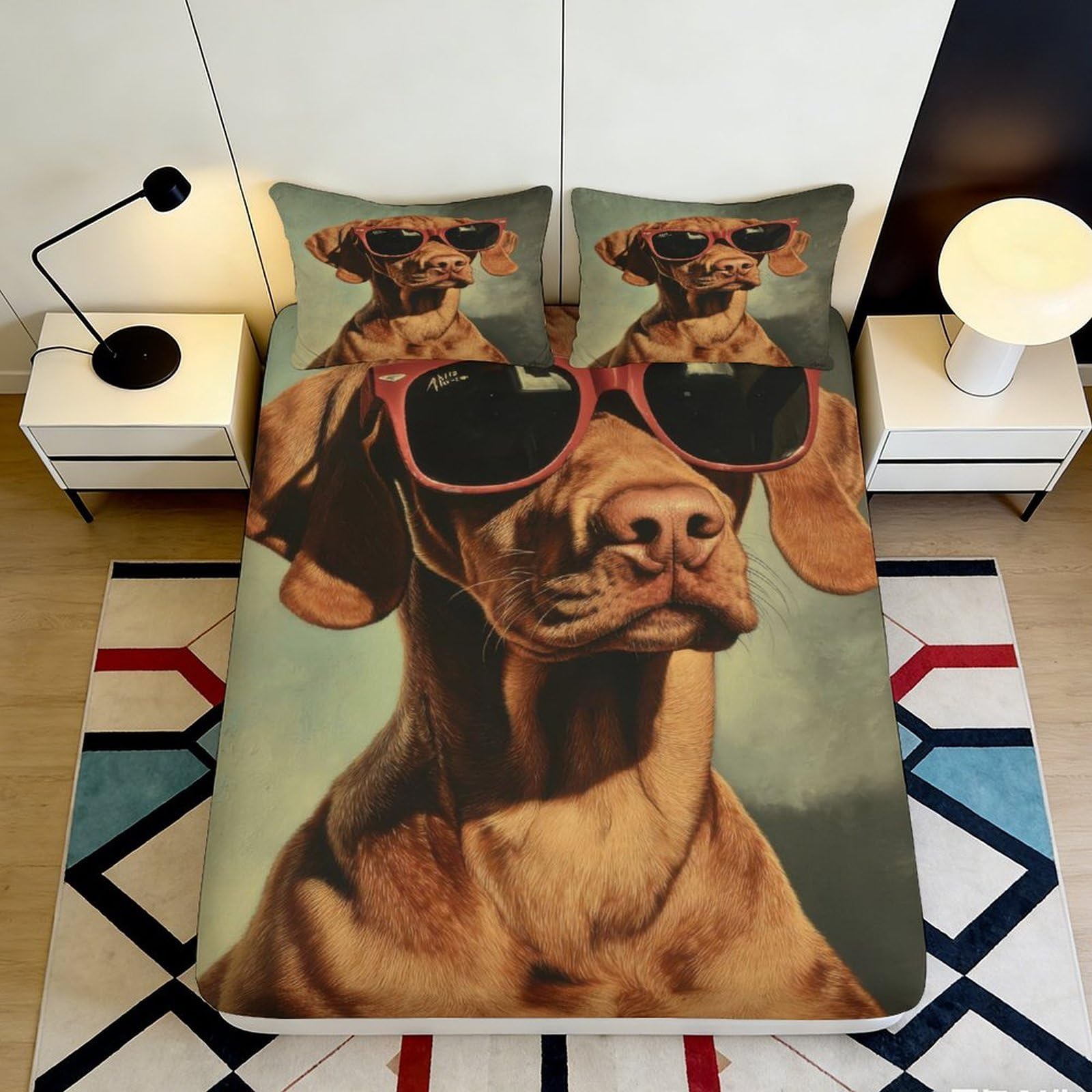 3D Printed Dog with Sunglasses Fitted Sheet Microfiber Non-slip Bed Cover for Bedroom Dorm Mattress Protection Decorative Art 90x200x25cm