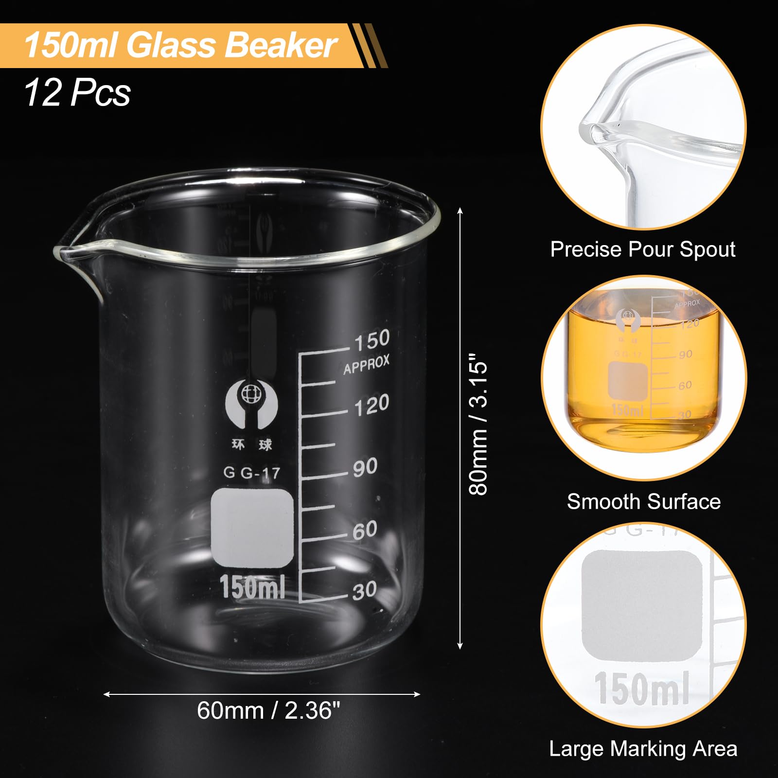 PATIKIL 150ml Baja Forma Vidrio Vaso, 12 Paquete 3,3 Borosilicato Vidrio Graduada Impresa Escala Medidoras Tazas con Pico para Cocina Laboratorio Líquidos