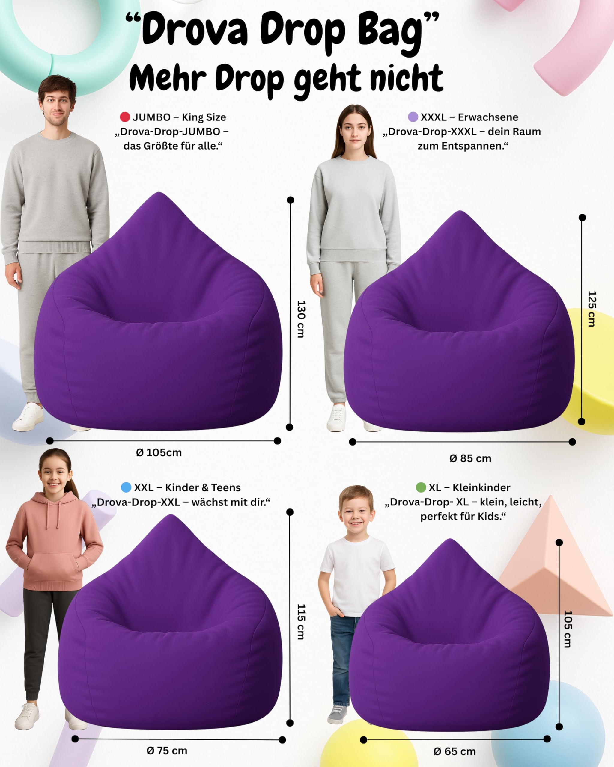 Patchhome Pouf a forma di goccia con chiusura lampo ricaricabile – per interni ed esterni – con imbottitura in polistirolo – disponibile in 3 misure XL – altezza 105 cm, diametro 65 cm viola