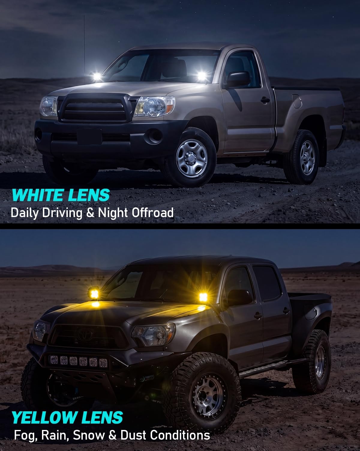 Ditch Light For 2005-2015 Tacoma Hood Mounted Lights Pillars Lamp | LED Hood Pod Light丨Wiring Harness/Brackets丨6000K White丨AEC-Grade LED Chip丨IP67 Waterproof丨Hard coating DIY Yellow Lens