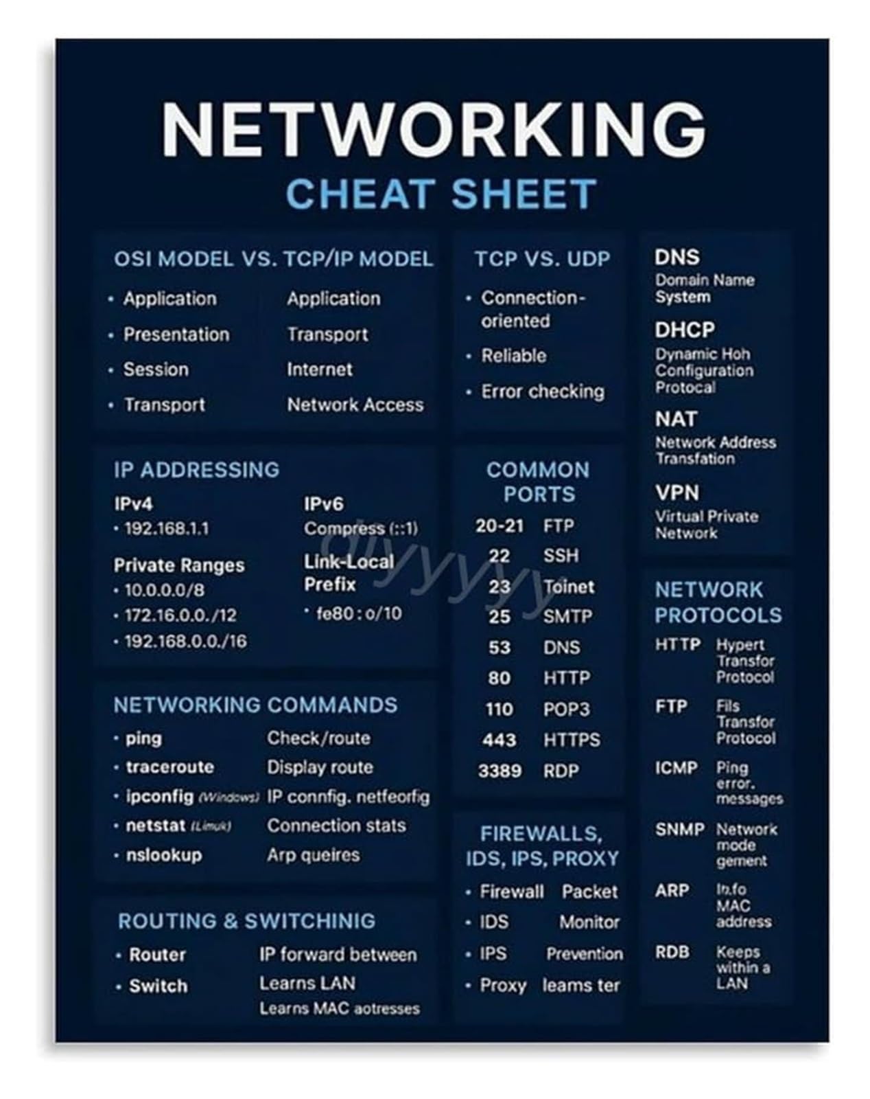 MQXFCZUX Comprehensive Networking Cheat Sheet Poster IT Reference for Network Engineers CCNA Exam Prep Subnetting IP Commands Framed,08x12inch(20x30cm)