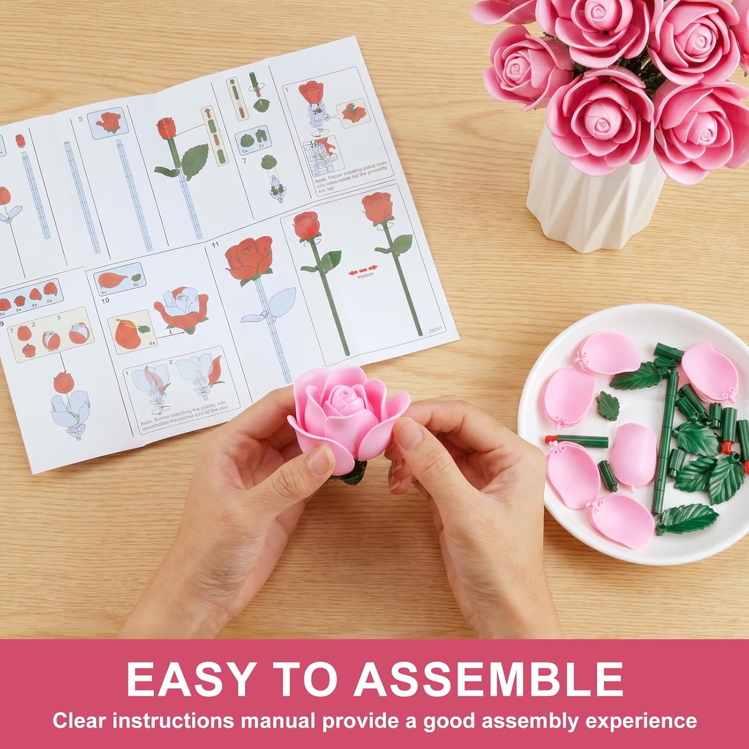 12 Pink Roses Building Blocks Bouquet Set, Artificial Flowers Botanical Collection Everlasting Floral Art Home Decor or Office, Gifts for Mom Wife Couple Women Girlfriend (684 PCS)