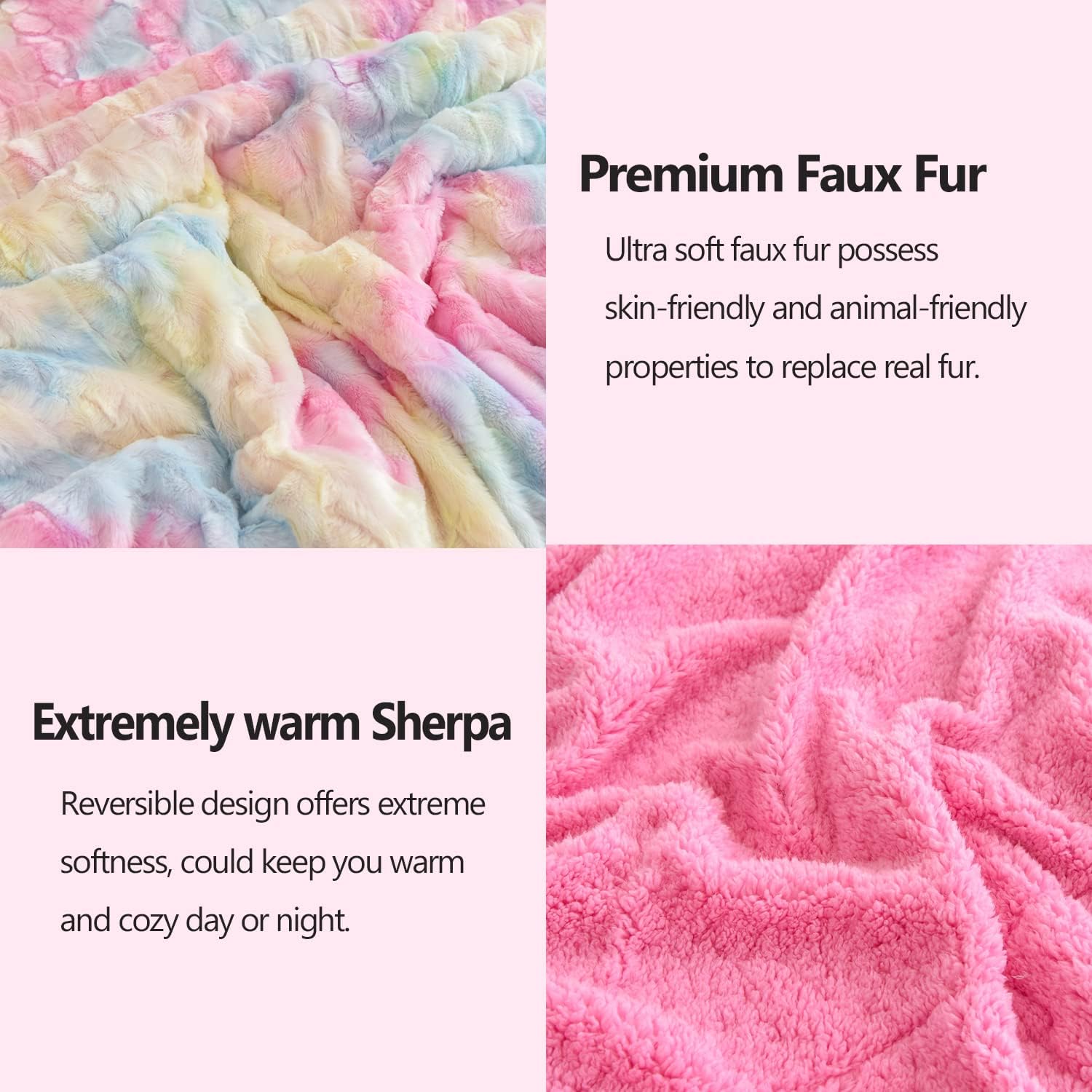 NEWCOSPLAY Super Soft Faux Fur Blanket Queen Size Light Rainbow Sherpa Fuzzy Plush Warm Blanket for Sofa Bed (Light Rainbow, Queen(90"x90")) - Image 6