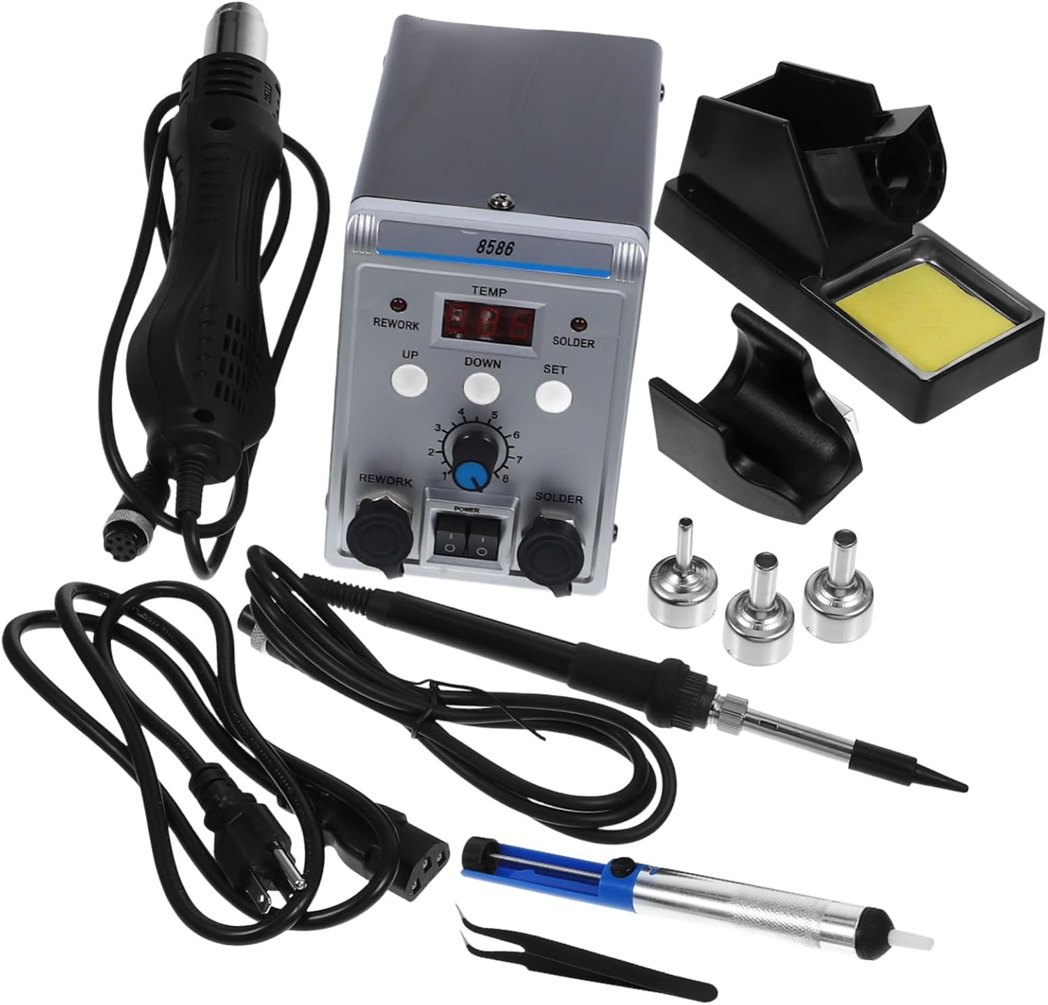 Lurrose 1Set Digital Display Hot Air Soldering Station Rework Tool with Temperature Includes Bent Tip Tweezer Solder Sucker for Electronics Repairs