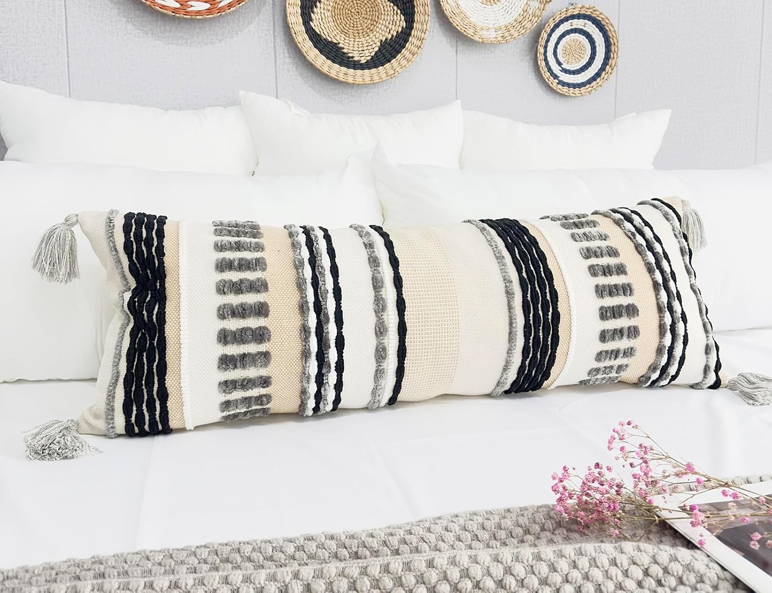 NUYECY Chenille and Cotton Long Pillow for Bed, Striped Textured Boho Lumbar Throw Pillow Cover 14x36, Neutral Accent Decorative Extra Long Body Pillow Case for Couch, Sofa, Bedroom, Grey